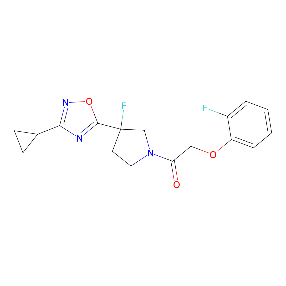 1-[3-(3-Cyclopropyl-1,2,4-oxadiazol-5-yl)-3-fluoropyrrolidin-1-yl]-2-(2-fluorophenoxy)ethan-1-one molecular structure, CAS 3054411-28-5