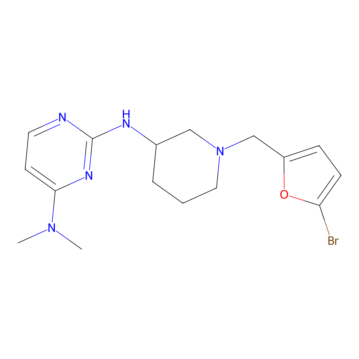 N2-{1-[(5-bromofuran-2-yl)methyl]piperidin-3-yl}-N4,N4-dimethylpyrimidine-2,4-diamine molecular structure, CAS 3054411-36-5