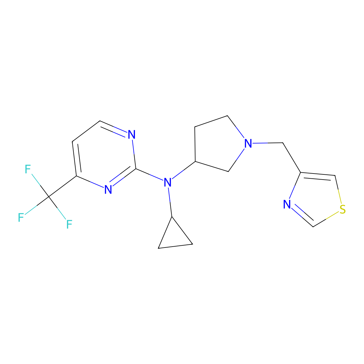 N-cyclopropyl-N-{1-[(1,3-thiazol-4-yl)methyl]pyrrolidin-3-yl}-4-(trifluoromethyl)pyrimidin-2-amine molecular structure, CAS 3054411-42-3