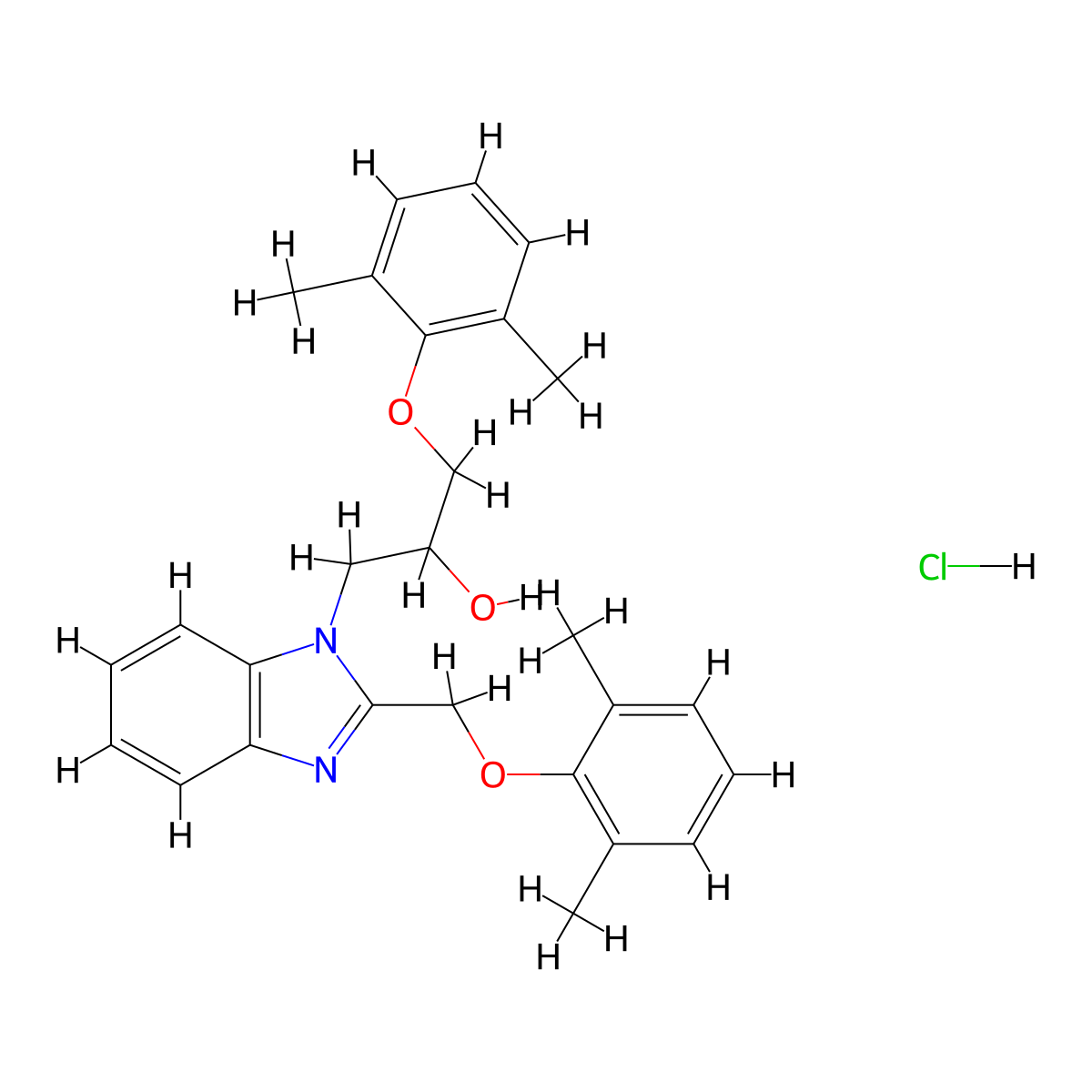 1-(2,6-dimethylphenoxy)-3-{2-[(2,6-dimethylphenoxy)methyl]-1H-1,3-benzodiazol-1-yl}propan-2-ol hydrochloride molecular structure, CAS 3054411-48-9