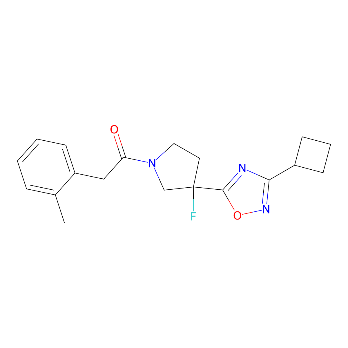 1-[3-(3-Cyclobutyl-1,2,4-oxadiazol-5-yl)-3-fluoropyrrolidin-1-yl]-2-(2-methylphenyl)ethan-1-one molecular structure, CAS 3054411-51-4