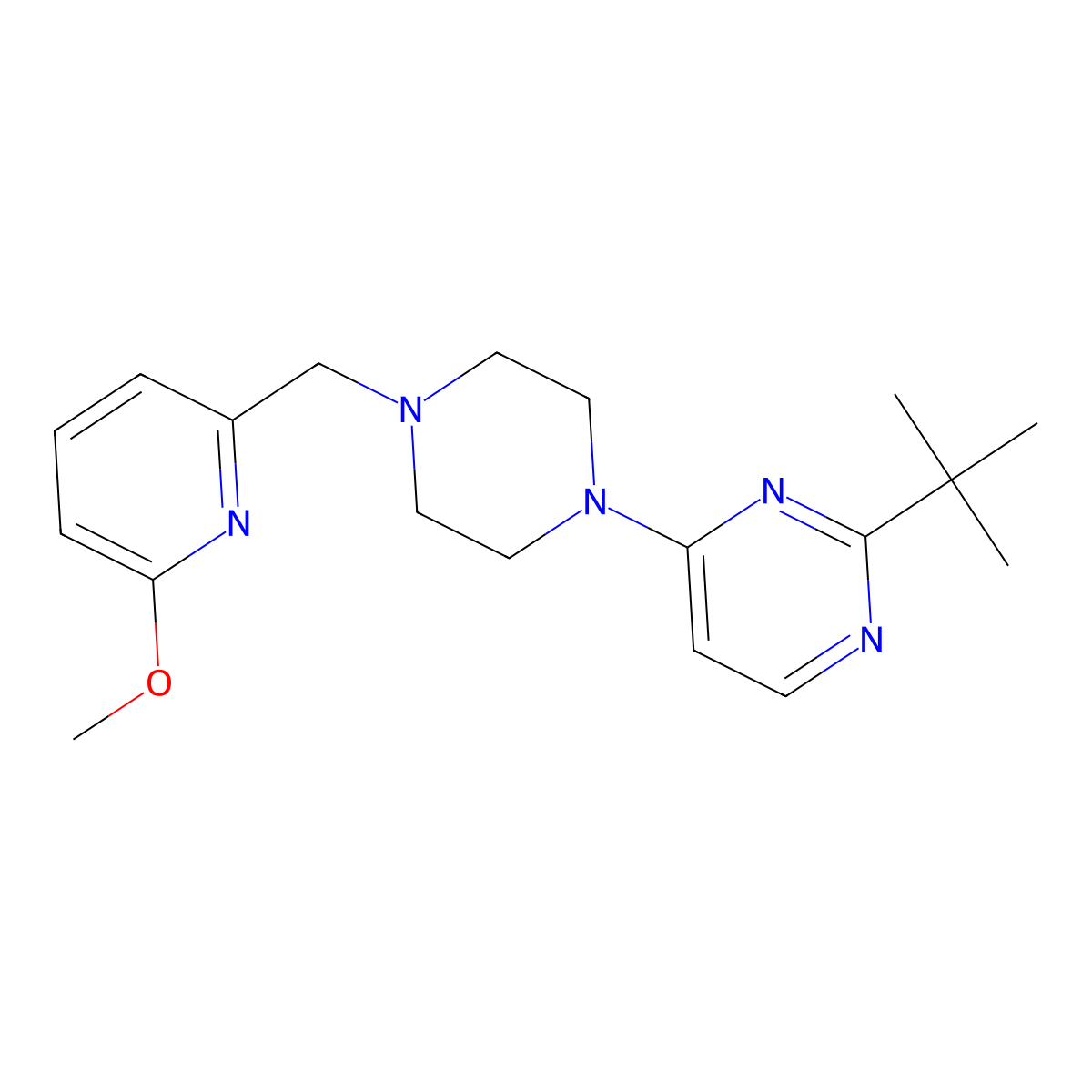 2-Tert-butyl-4-{4-[(6-methoxypyridin-2-yl)methyl]piperazin-1-yl}pyrimidine molecular structure, CAS 3054411-73-0