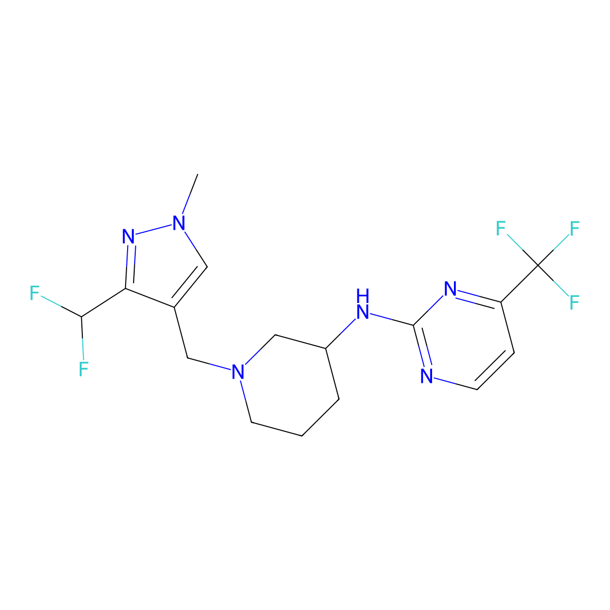 N-(1-{[3-(difluoromethyl)-1-methyl-1H-pyrazol-4-yl]methyl}piperidin-3-yl)-4-(trifluoromethyl)pyrimidin-2-amine molecular structure, CAS 3054411-77-4