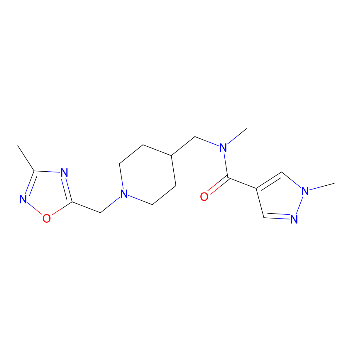 N,1-dimethyl-N-({1-[(3-methyl-1,2,4-oxadiazol-5-yl)methyl]piperidin-4-yl}methyl)-1H-pyrazole-4-carboxamide molecular structure, CAS 3054411-81-0