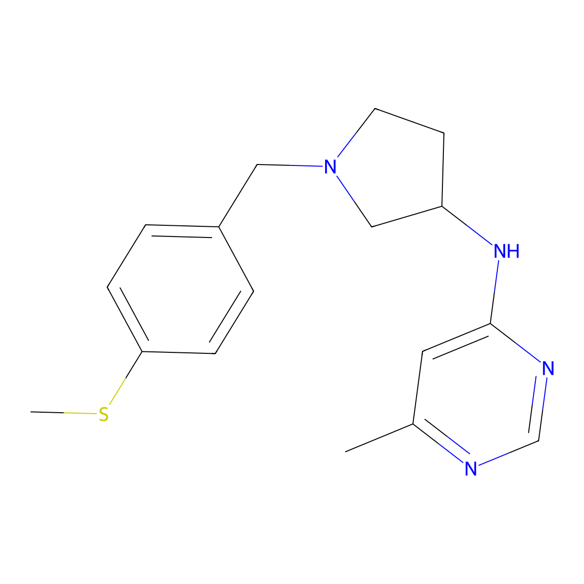 6-methyl-N-[1-[(4-methylsulfanylphenyl)methyl]pyrrolidin-3-yl]pyrimidin-4-amine molecular structure, CAS 3054411-85-4