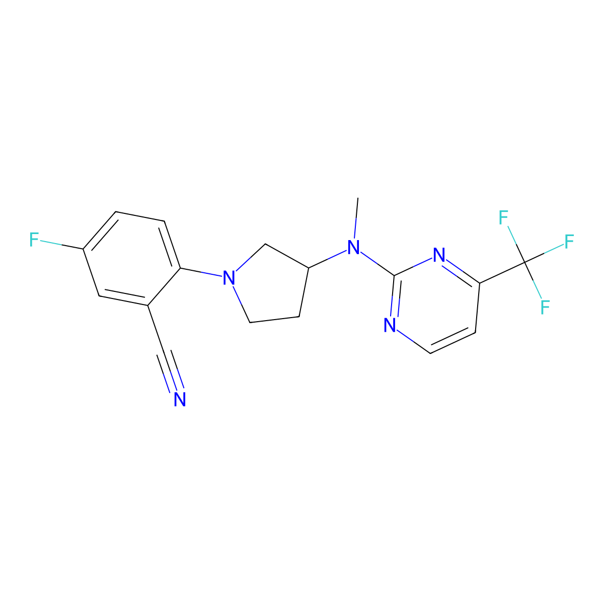 5-Fluoro-2-(3-{methyl[4-(trifluoromethyl)pyrimidin-2-yl]amino}pyrrolidin-1-yl)benzonitrile molecular structure, CAS 3054411-94-5