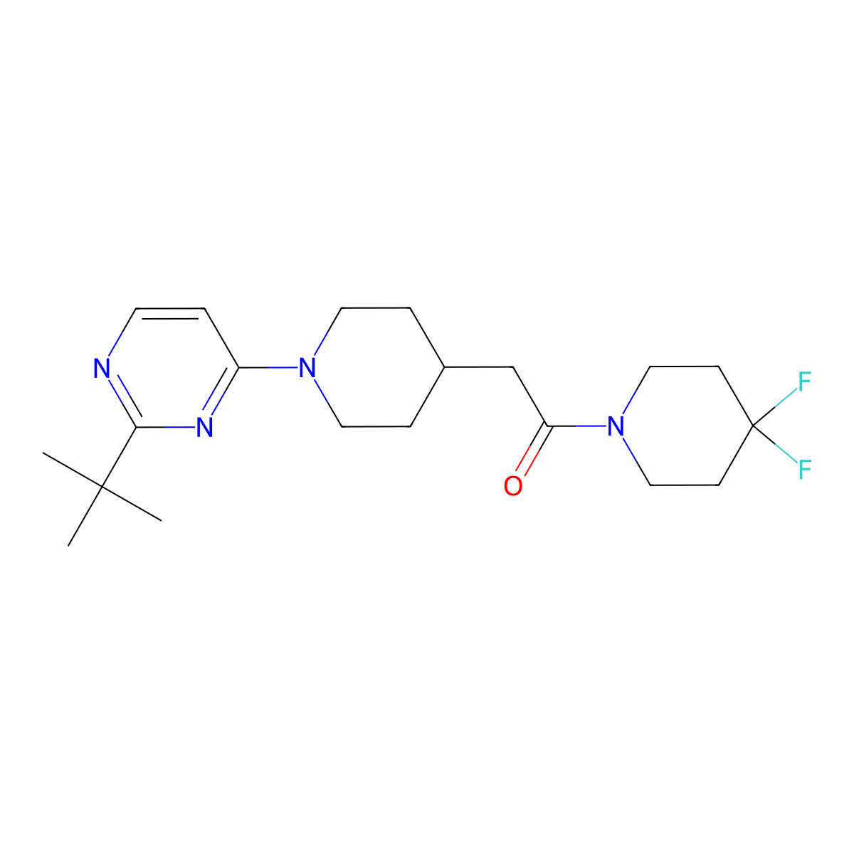 2-[1-(2-Tert-butylpyrimidin-4-yl)piperidin-4-yl]-1-(4,4-difluoropiperidin-1-yl)ethan-1-one molecular structure, CAS 3054412-07-3