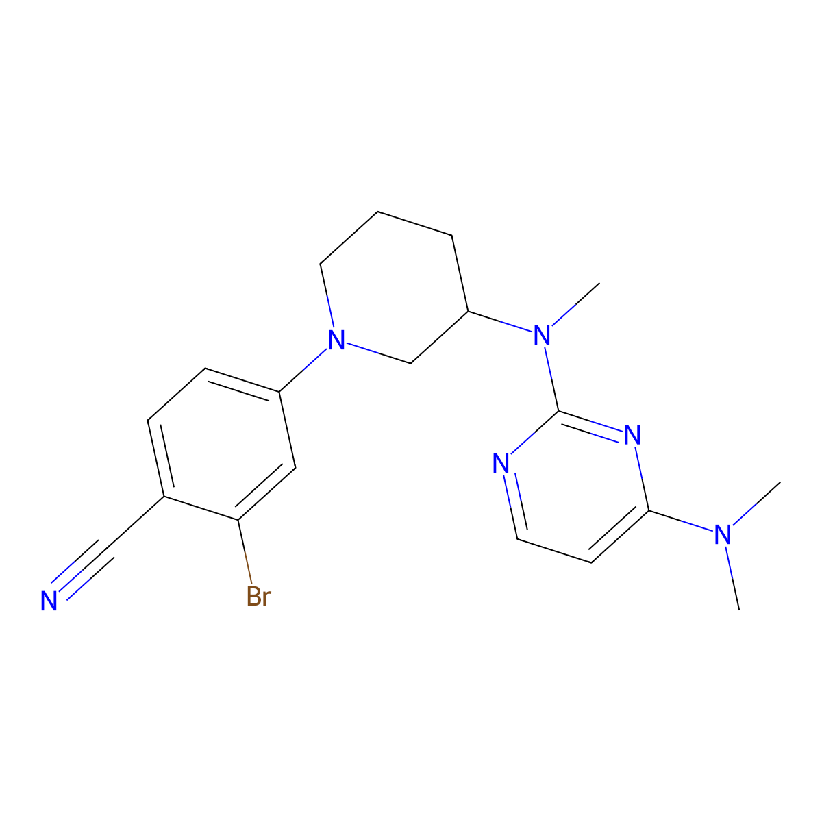 2-Bromo-4-[3-[[4-(dimethylamino)pyrimidin-2-yl]-methylamino]piperidin-1-yl]benzonitrile molecular structure, CAS 3054412-08-4