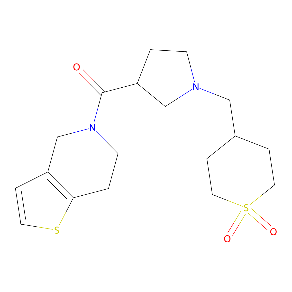 4-[(3-{4H,5H,6H,7H-thieno[3,2-c]pyridine-5-carbonyl}pyrrolidin-1-yl)methyl]-1lambda-thiane-1,1-dione molecular structure, CAS 3054412-10-8
