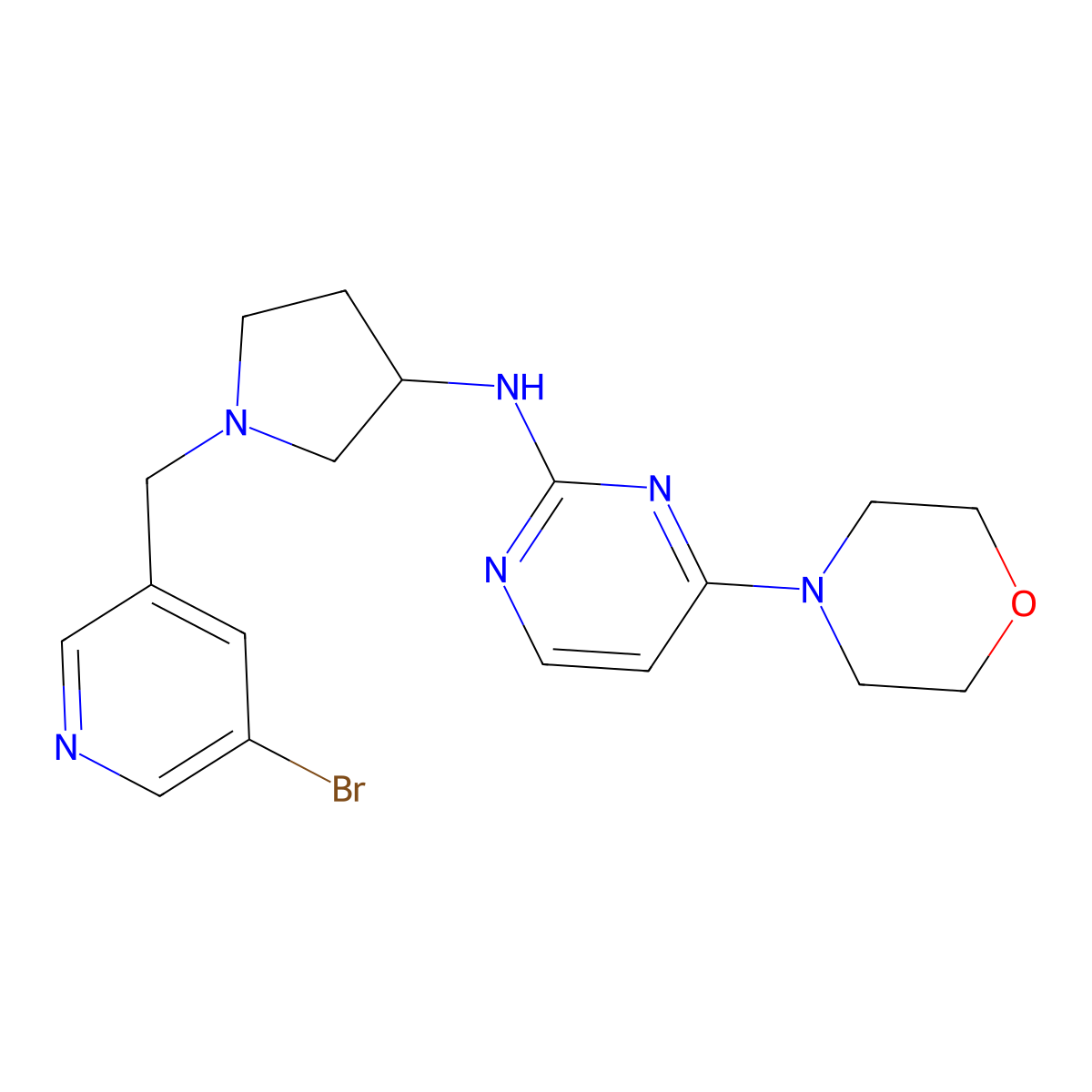 N-{1-[(5-bromopyridin-3-yl)methyl]pyrrolidin-3-yl}-4-(morpholin-4-yl)pyrimidin-2-amine molecular structure, CAS 3054412-12-0
