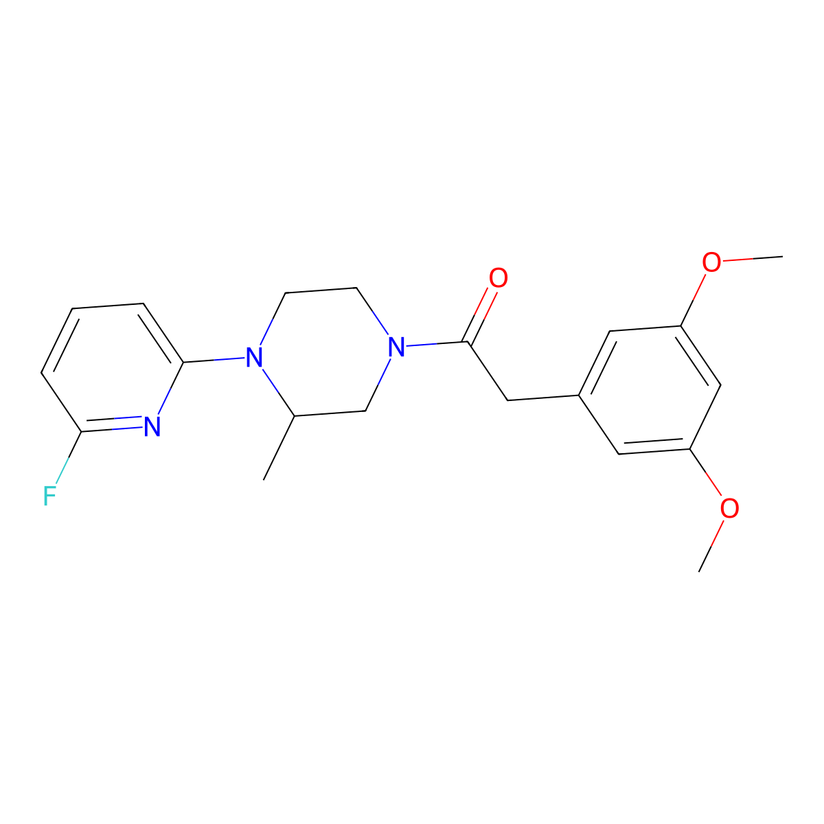 2-(3,5-Dimethoxyphenyl)-1-[4-(6-fluoropyridin-2-yl)-3-methylpiperazin-1-yl]ethan-1-one molecular structure, CAS 3054412-14-2