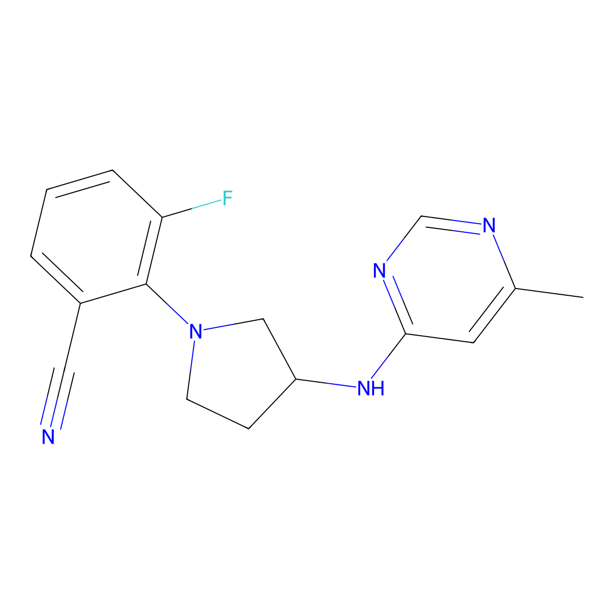3-Fluoro-2-{3-[(6-methylpyrimidin-4-yl)amino]pyrrolidin-1-yl}benzonitrile molecular structure, CAS 3054412-16-4