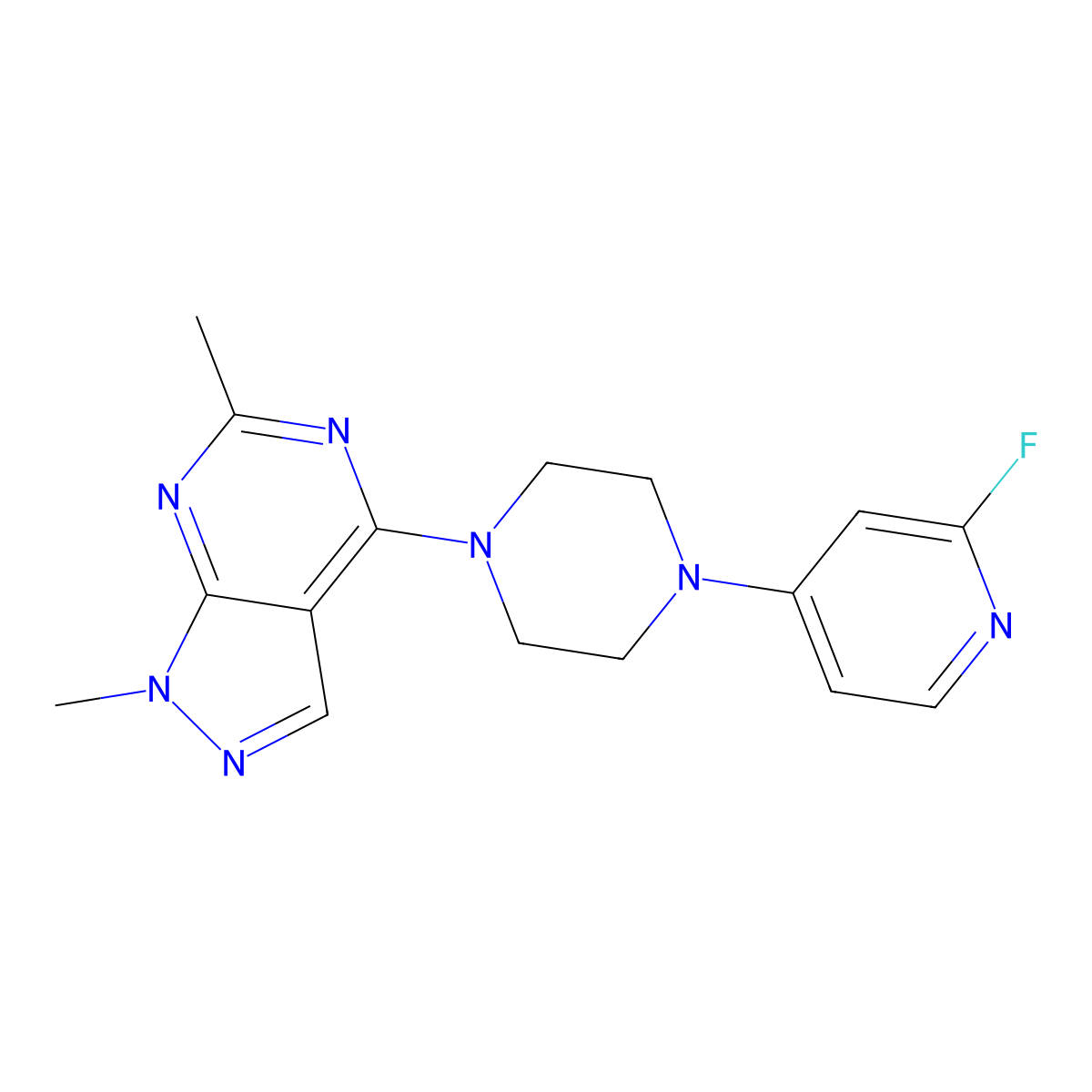 1-{1,6-dimethyl-1H-pyrazolo[3,4-d]pyrimidin-4-yl}-4-(2-fluoropyridin-4-yl)piperazine molecular structure, CAS 3054412-17-5