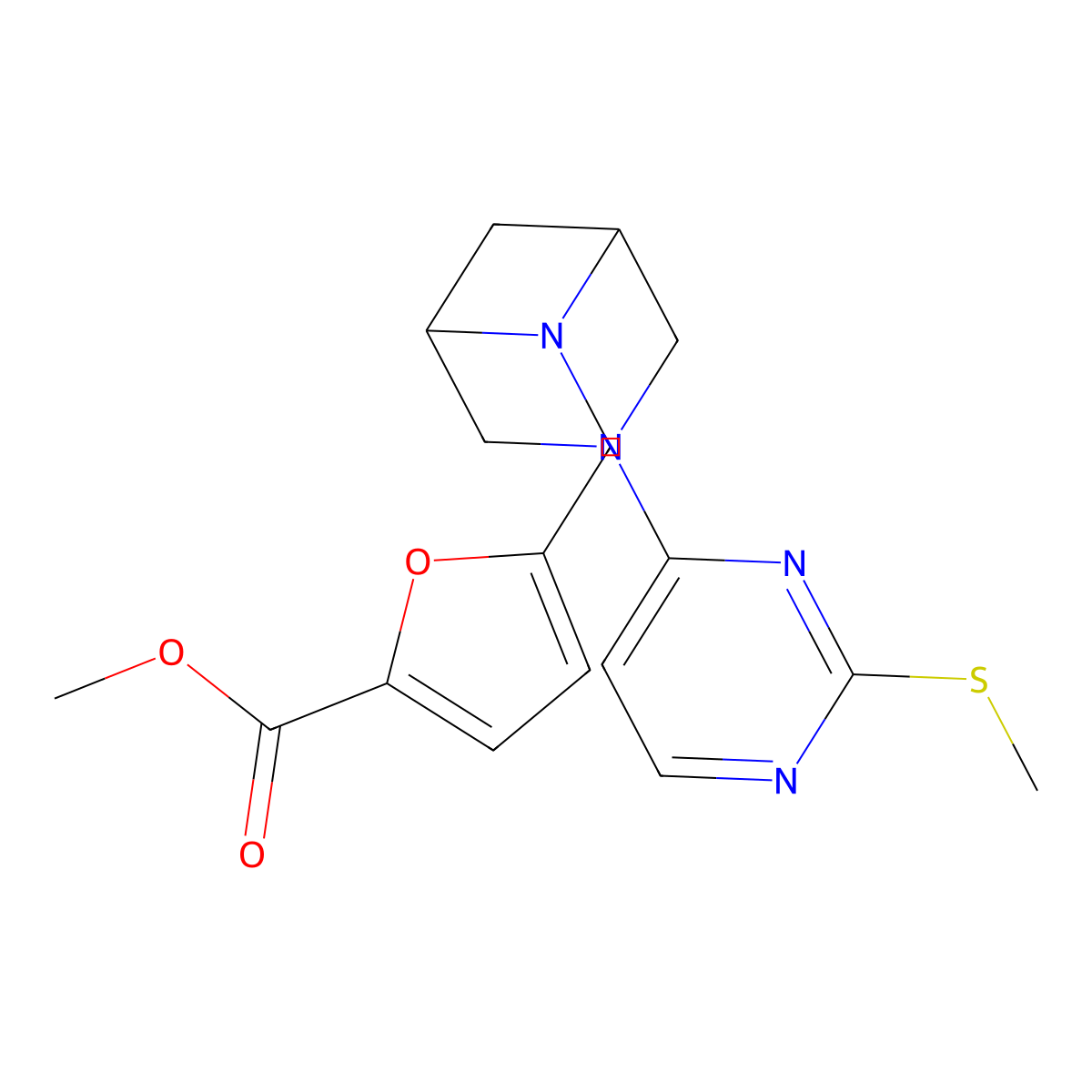 Methyl 5-({3-[2-(methylsulfanyl)pyrimidin-4-yl]-3,6-diazabicyclo[3.1.1]heptan-6-yl}methyl)furan-2-carboxylate molecular structure, CAS 3054412-24-4