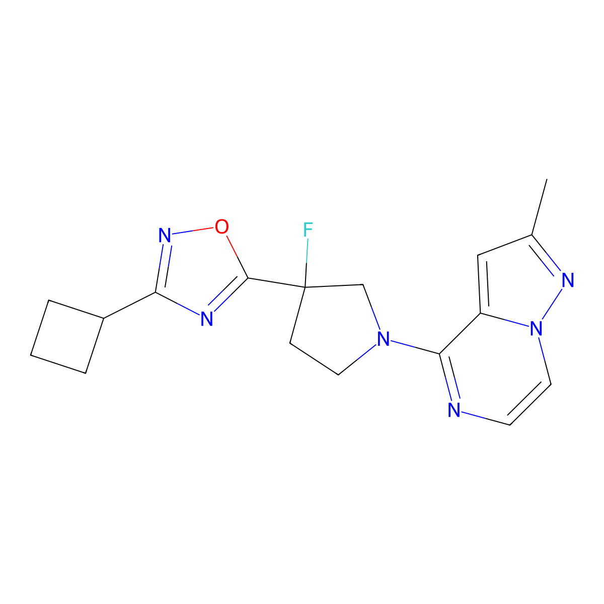 3-Cyclobutyl-5-(3-fluoro-1-{2-methylpyrazolo[1,5-a]pyrazin-4-yl}pyrrolidin-3-yl)-1,2,4-oxadiazole molecular structure, CAS 3054412-26-6