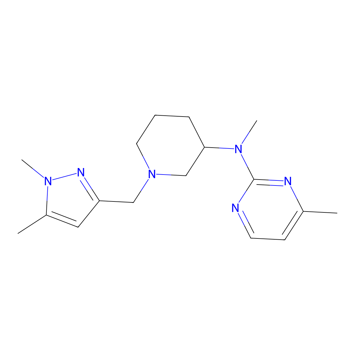 N-{1-[(1,5-dimethyl-1H-pyrazol-3-yl)methyl]piperidin-3-yl}-N,4-dimethylpyrimidin-2-amine molecular structure, CAS 3054412-34-6