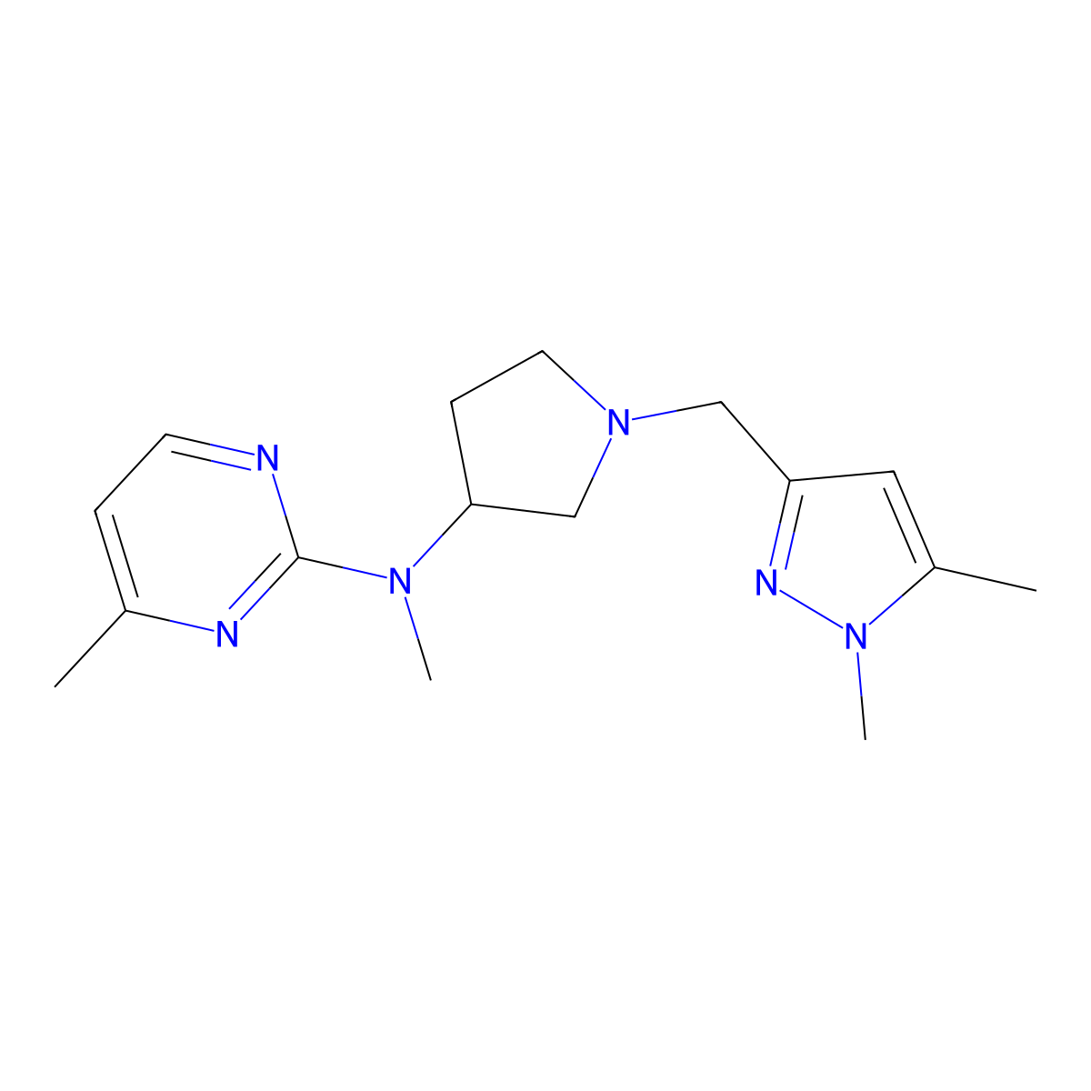 N-{1-[(1,5-dimethyl-1H-pyrazol-3-yl)methyl]pyrrolidin-3-yl}-N,4-dimethylpyrimidin-2-amine molecular structure, CAS 3054412-36-8