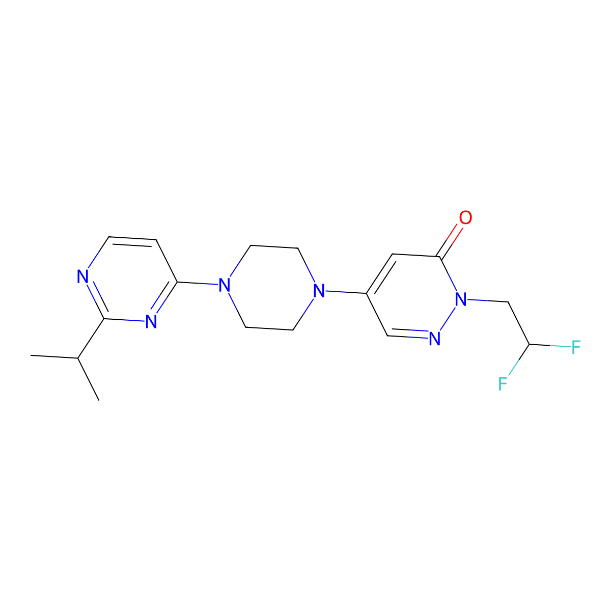 2-(2,2-Difluoroethyl)-5-{4-[2-(propan-2-yl)pyrimidin-4-yl]piperazin-1-yl}-2,3-dihydropyridazin-3-one molecular structure, CAS 3054412-40-4