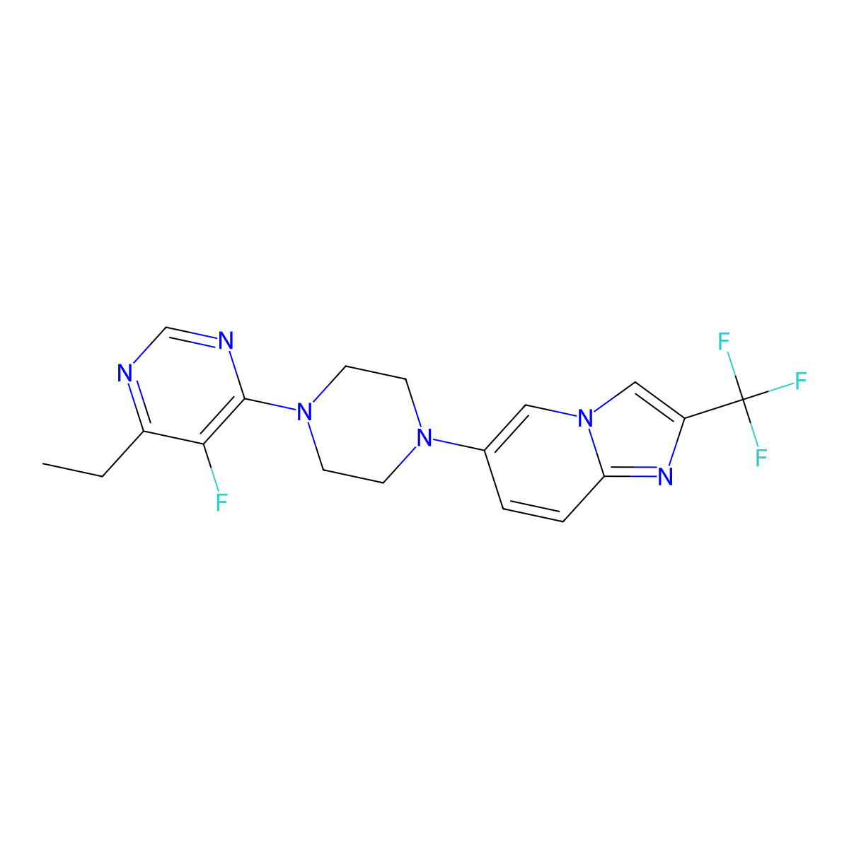 4-Ethyl-5-fluoro-6-{4-[2-(trifluoromethyl)imidazo[1,2-a]pyridin-6-yl]piperazin-1-yl}pyrimidine molecular structure, CAS 3054412-41-5