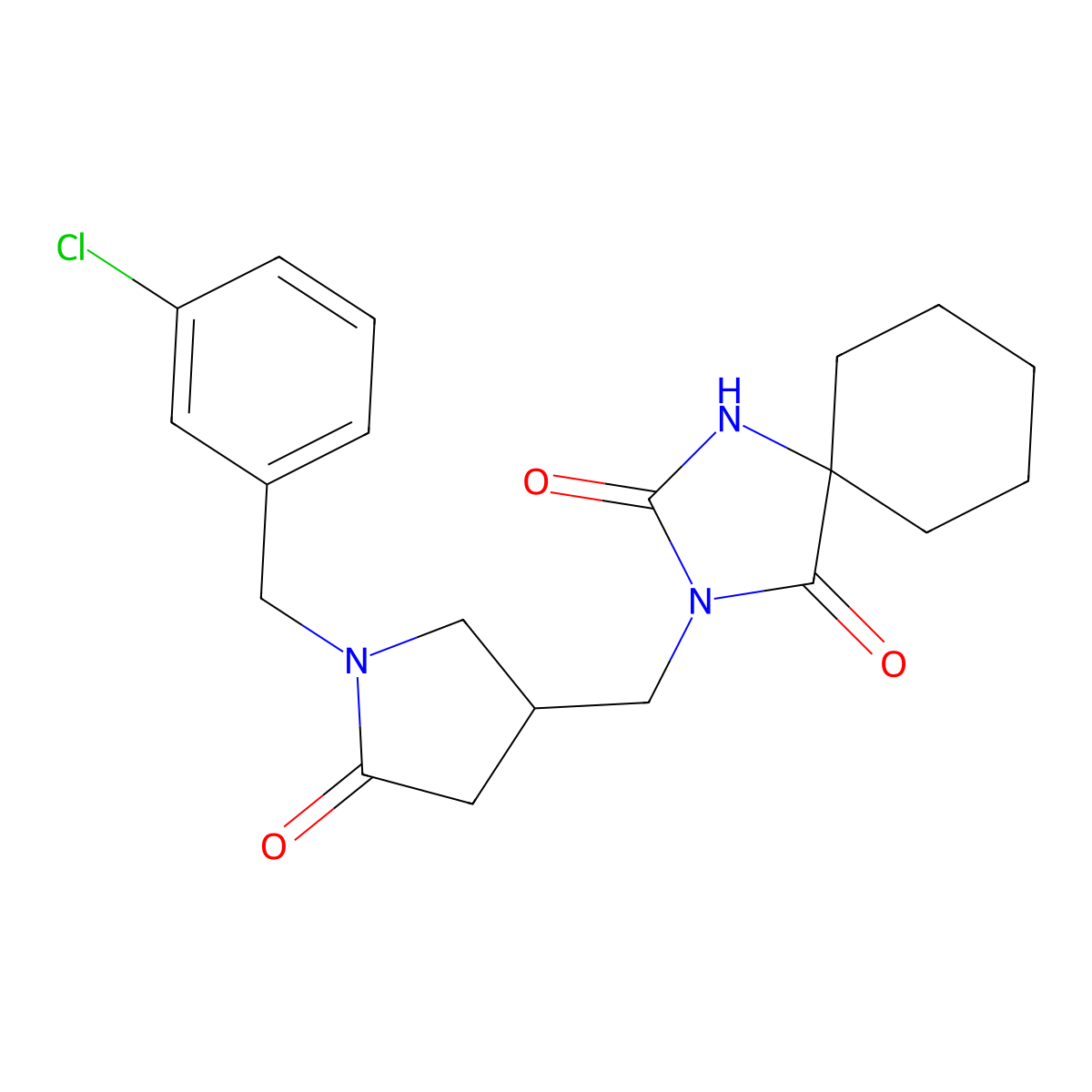 3-({1-[(3-Chlorophenyl)methyl]-5-oxopyrrolidin-3-yl}methyl)-1,3-diazaspiro[4.5]decane-2,4-dione molecular structure, CAS 3054412-45-9