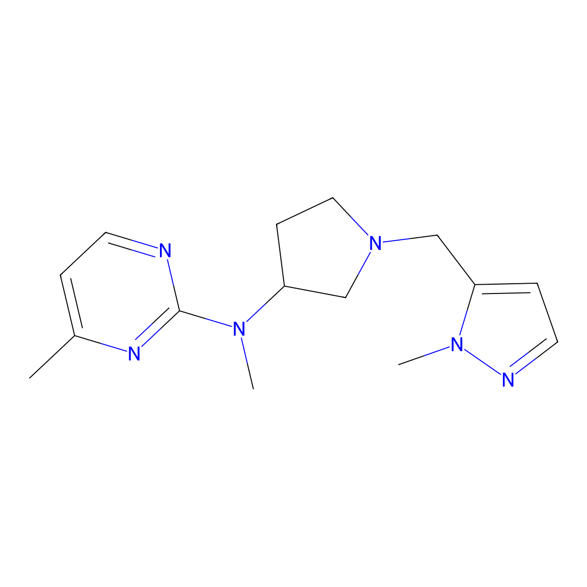 N,4-dimethyl-N-{1-[(1-methyl-1H-pyrazol-5-yl)methyl]pyrrolidin-3-yl}pyrimidin-2-amine molecular structure, CAS 3054412-50-6