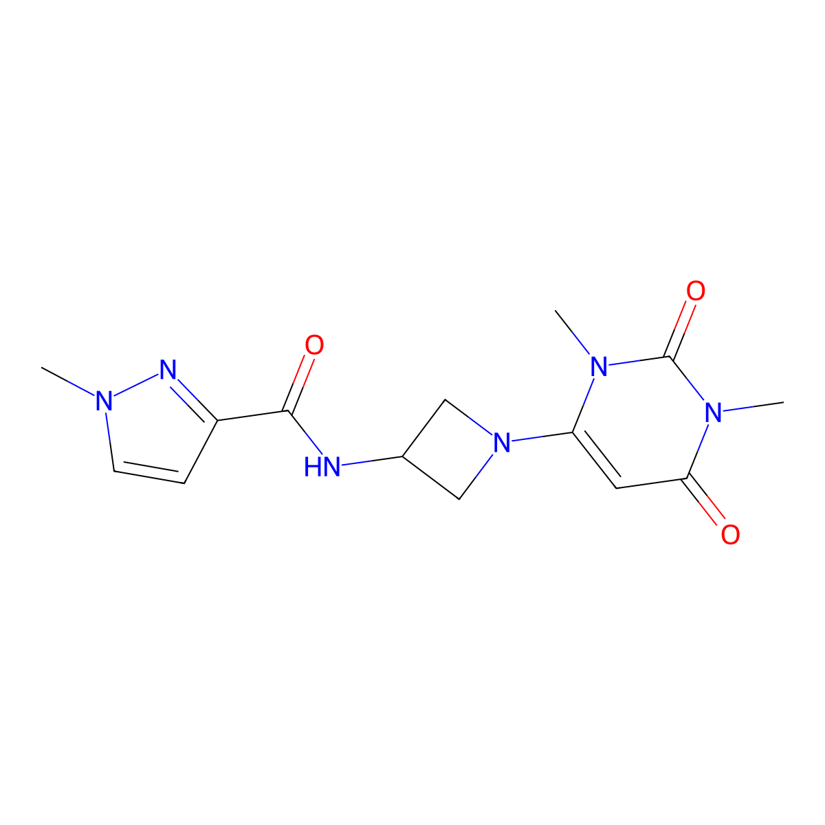 N-[1-(1,3-dimethyl-2,6-dioxo-1,2,3,6-tetrahydropyrimidin-4-yl)azetidin-3-yl]-1-methyl-1H-pyrazole-3-carboxamide molecular structure, CAS 3054412-67-5