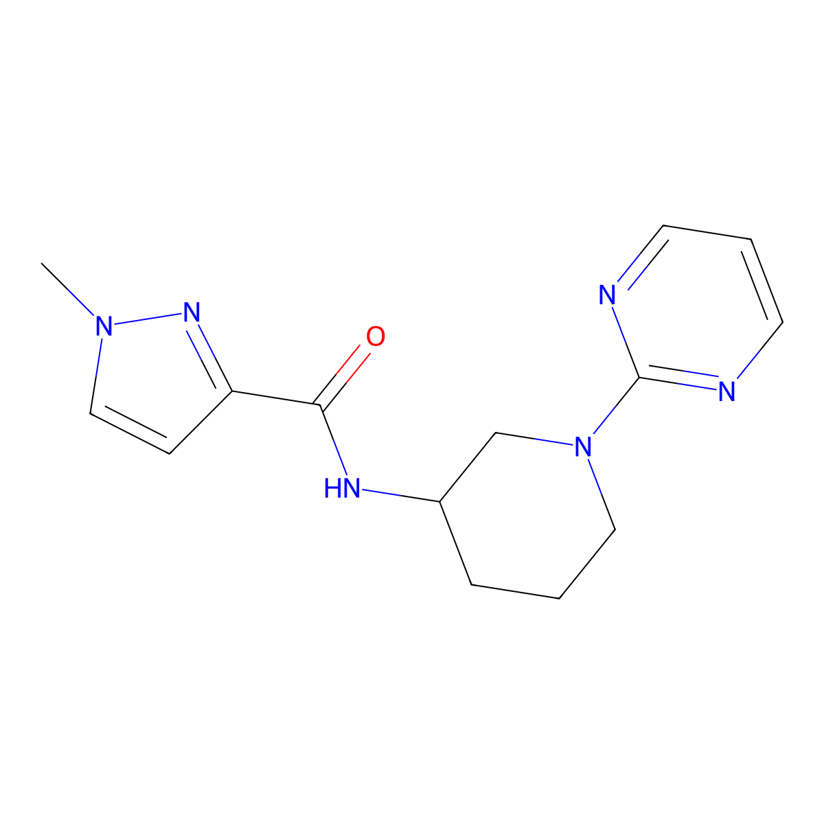1-methyl-N-[1-(pyrimidin-2-yl)piperidin-3-yl]-1H-pyrazole-3-carboxamide molecular structure, CAS 3054412-69-7