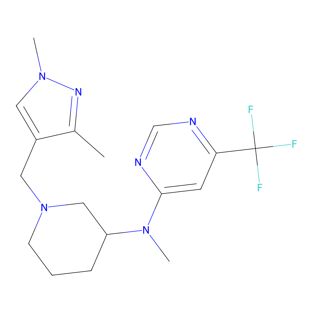 N-{1-[(1,3-dimethyl-1H-pyrazol-4-yl)methyl]piperidin-3-yl}-N-methyl-6-(trifluoromethyl)pyrimidin-4-amine molecular structure, CAS 3054412-77-7