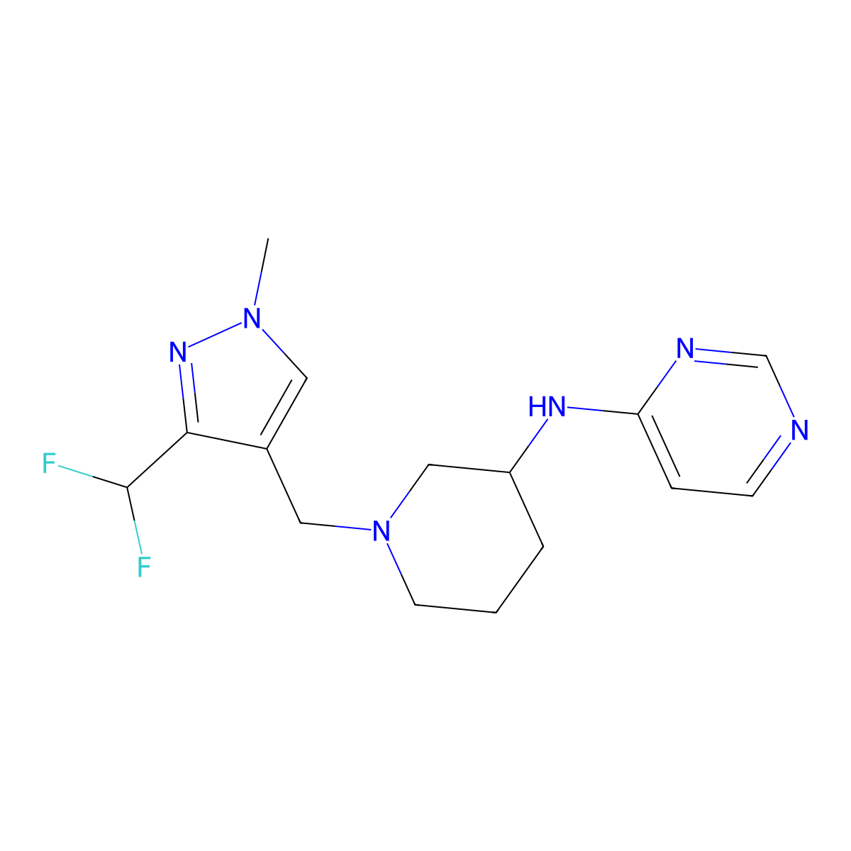 N-(1-{[3-(difluoromethyl)-1-methyl-1H-pyrazol-4-yl]methyl}piperidin-3-yl)pyrimidin-4-amine molecular structure, CAS 3054412-78-8