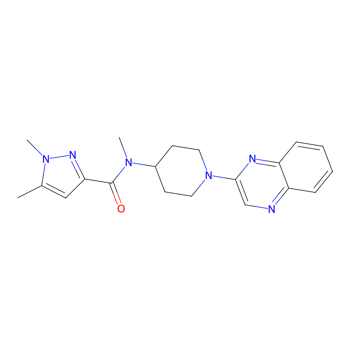 N,1,5-trimethyl-N-[1-(quinoxalin-2-yl)piperidin-4-yl]-1H-pyrazole-3-carboxamide molecular structure, CAS 3054412-79-9