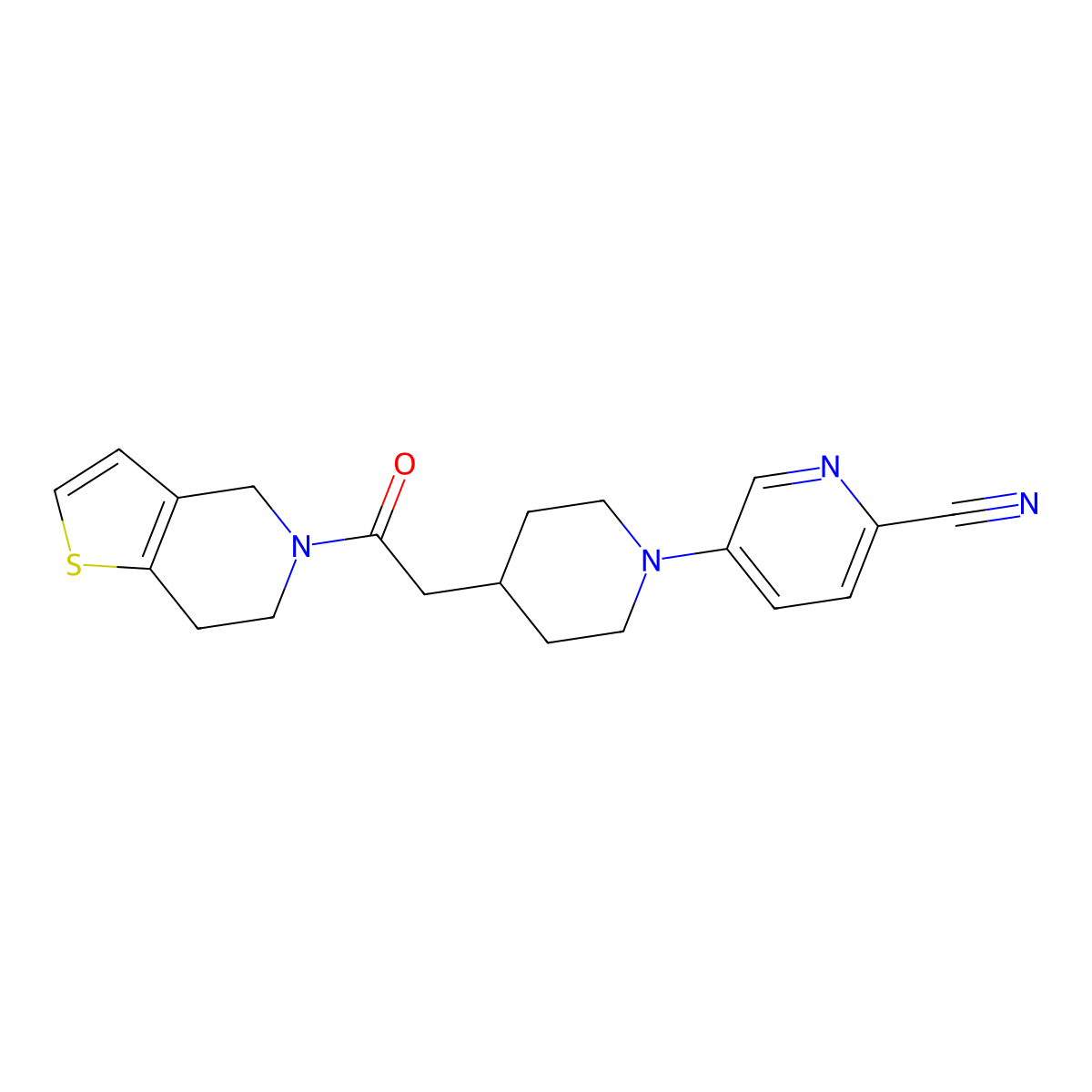 5-[4-(2-oxo-2-{4H,5H,6H,7H-thieno[3,2-c]pyridin-5-yl}ethyl)piperidin-1-yl]pyridine-2-carbonitrile molecular structure, CAS 3054412-85-7