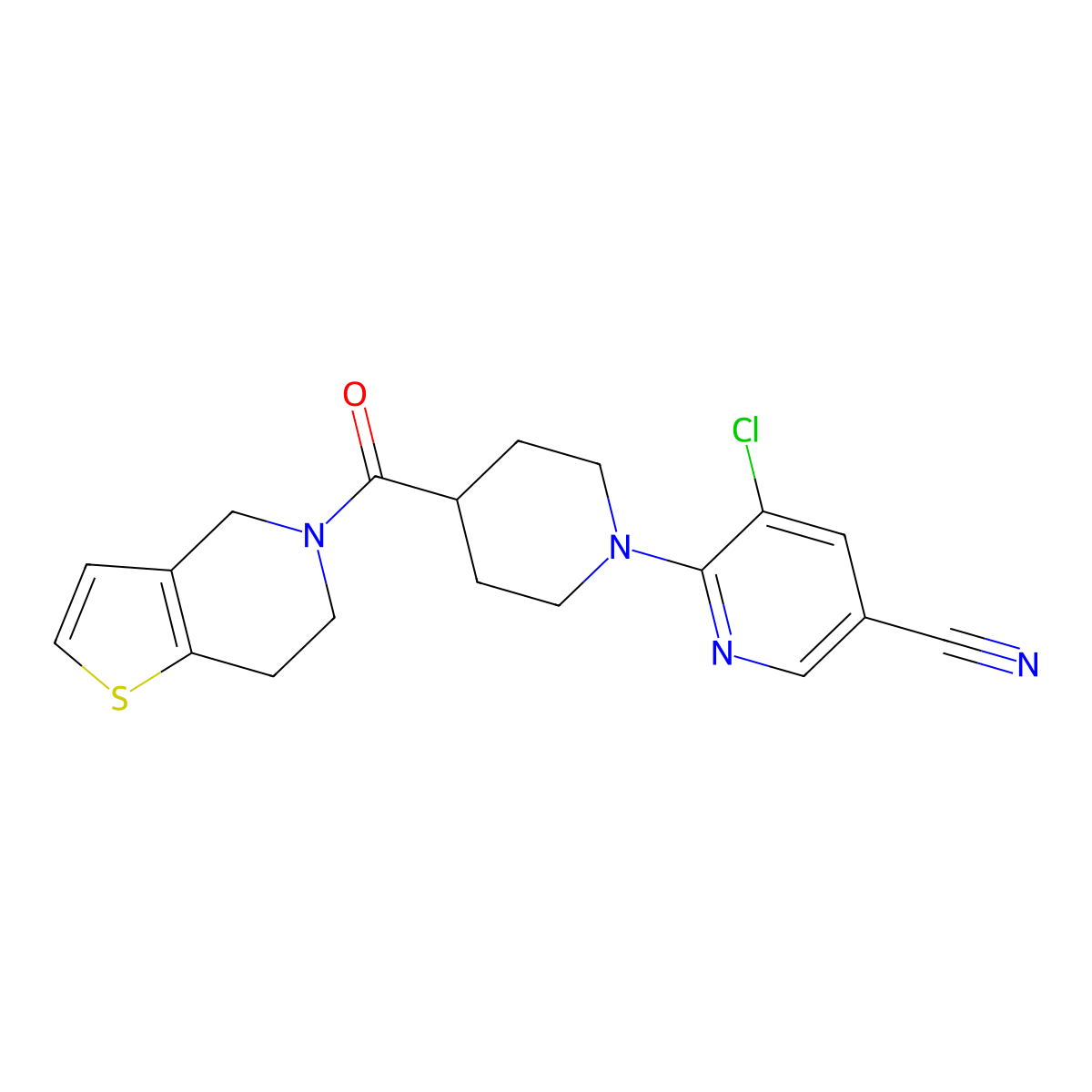 5-chloro-6-(4-{4H,5H,6H,7H-thieno[3,2-c]pyridine-5-carbonyl}piperidin-1-yl)pyridine-3-carbonitrile molecular structure, CAS 3054412-94-8