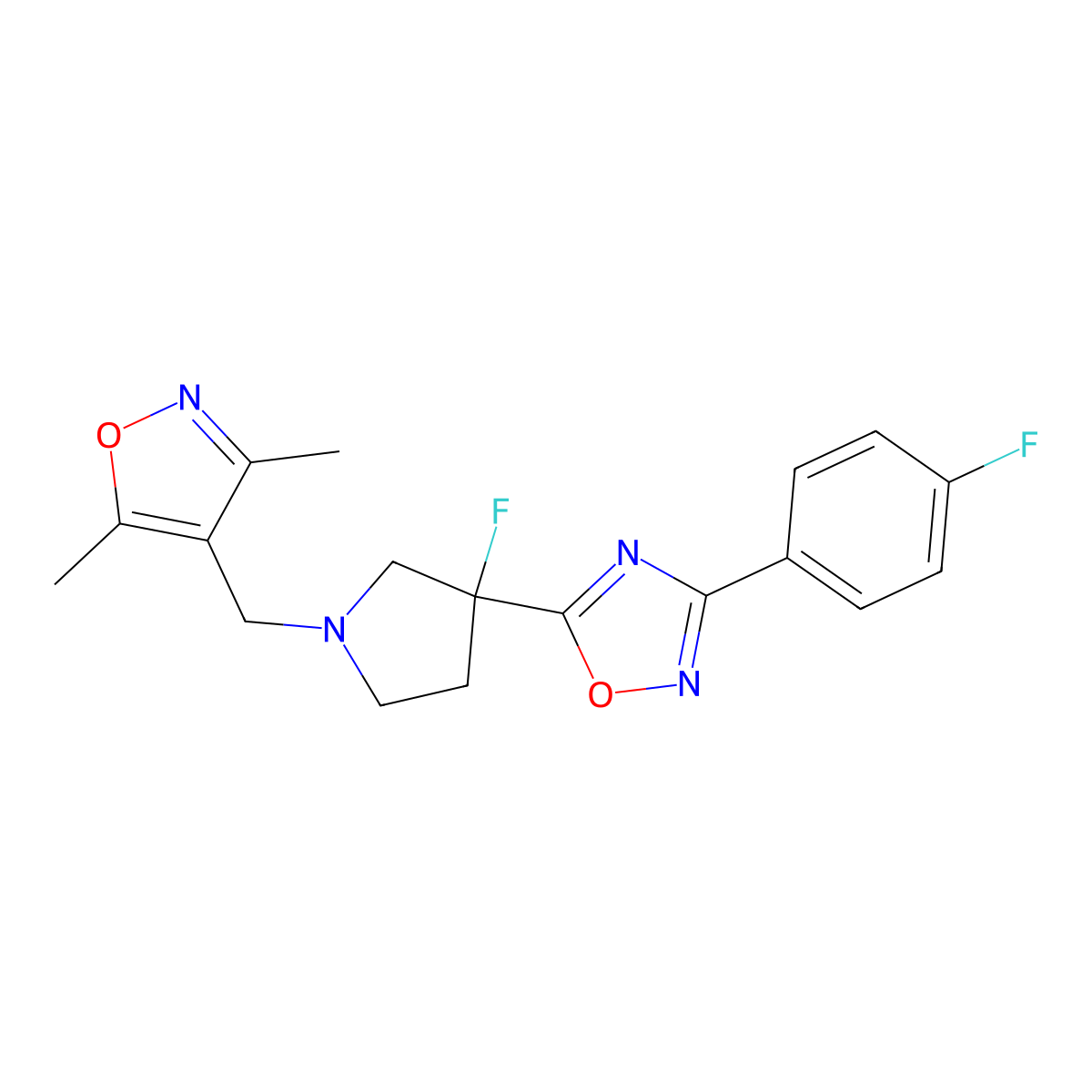 5-{1-[(3,5-Dimethyl-1,2-oxazol-4-yl)methyl]-3-fluoropyrrolidin-3-yl}-3-(4-fluorophenyl)-1,2,4-oxadiazole molecular structure, CAS 3054413-39-4