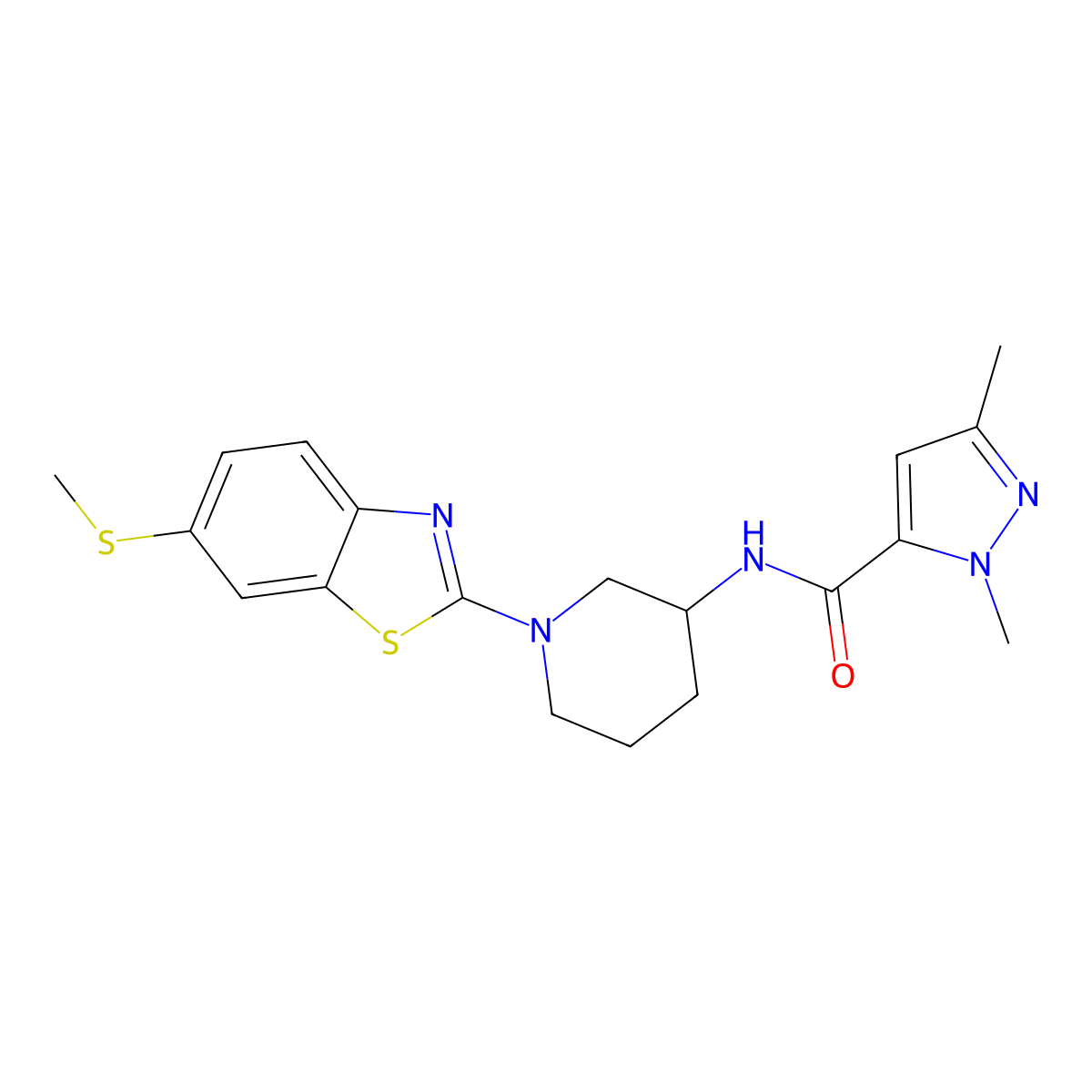1,3-dimethyl-N-{1-[6-(methylsulfanyl)-1,3-benzothiazol-2-yl]piperidin-3-yl}-1H-pyrazole-5-carboxamide molecular structure, CAS 3054413-43-0