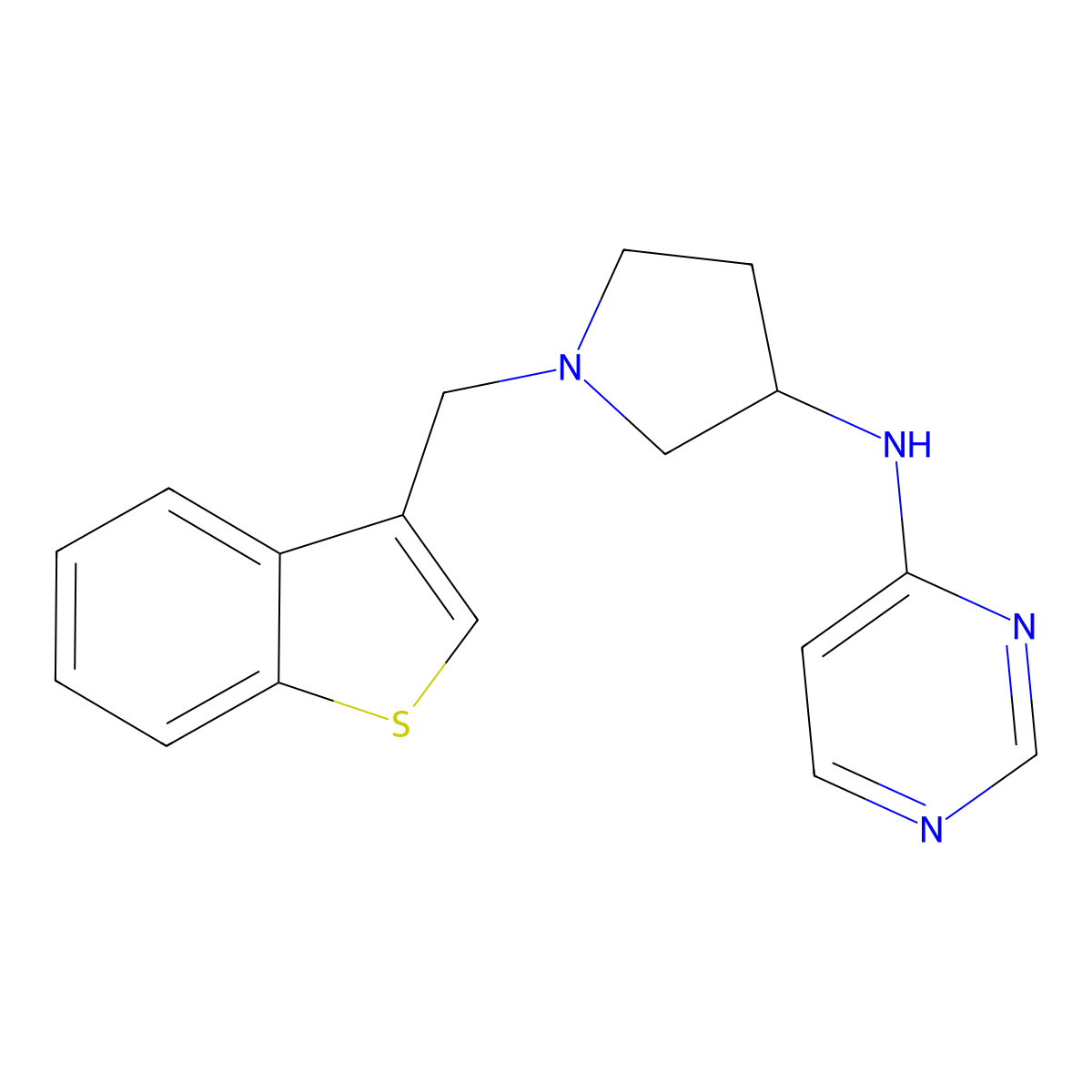 N-{1-[(1-benzothiophen-3-yl)methyl]pyrrolidin-3-yl}pyrimidin-4-amine molecular structure, CAS 3054413-50-9