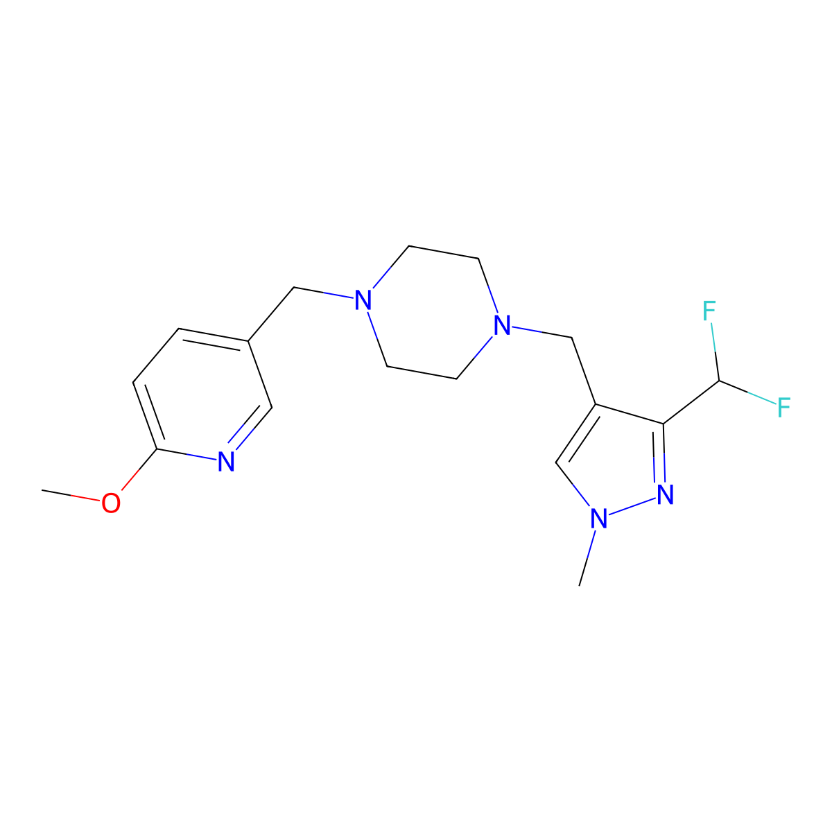 1-{[3-(difluoromethyl)-1-methyl-1H-pyrazol-4-yl]methyl}-4-[(6-methoxypyridin-3-yl)methyl]piperazine molecular structure, CAS 3054413-53-2