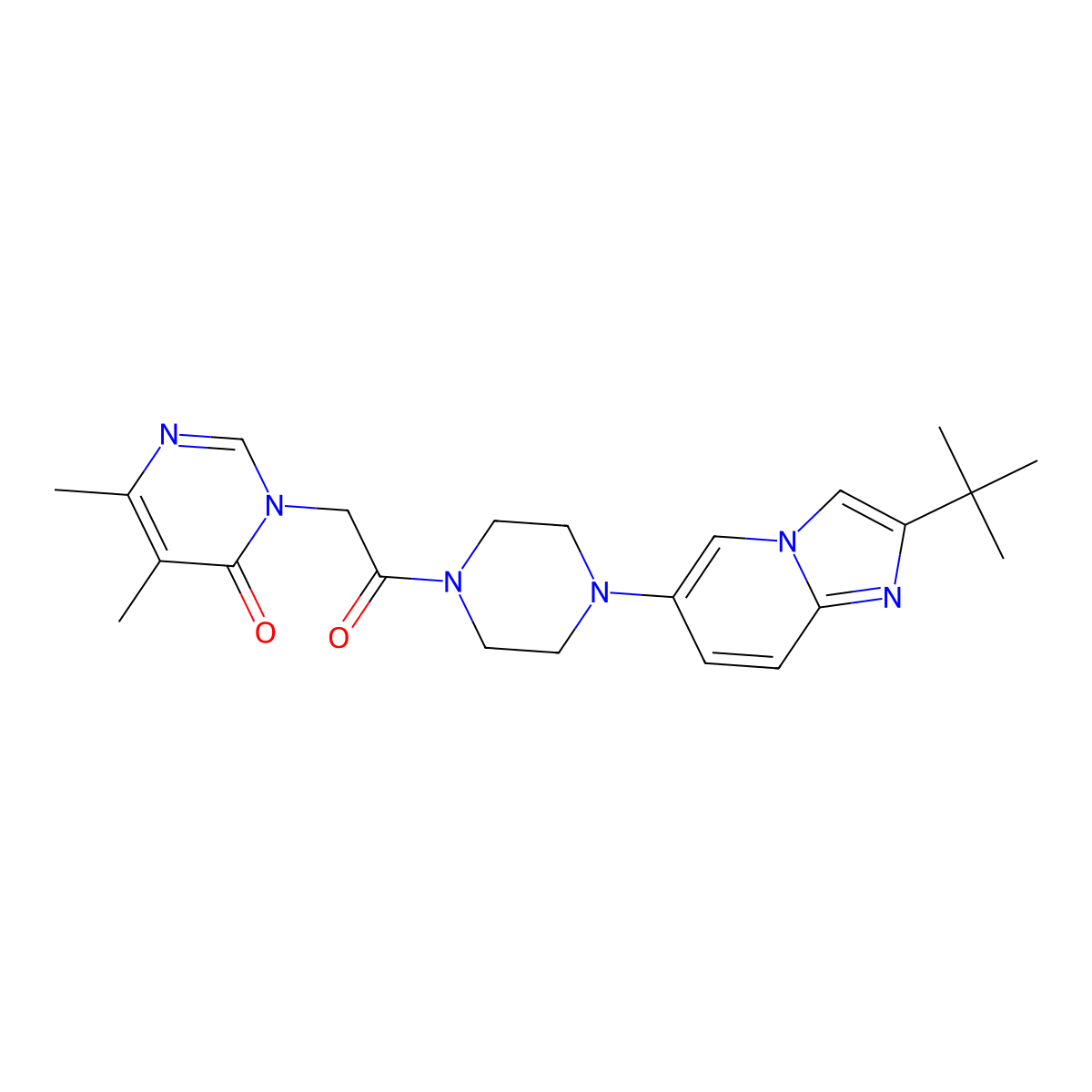 3-[2-(4-{2-Tert-butylimidazo[1,2-a]pyridin-6-yl}piperazin-1-yl)-2-oxoethyl]-5,6-dimethyl-3,4-dihydropyrimidin-4-one molecular structure, CAS 3054413-60-1