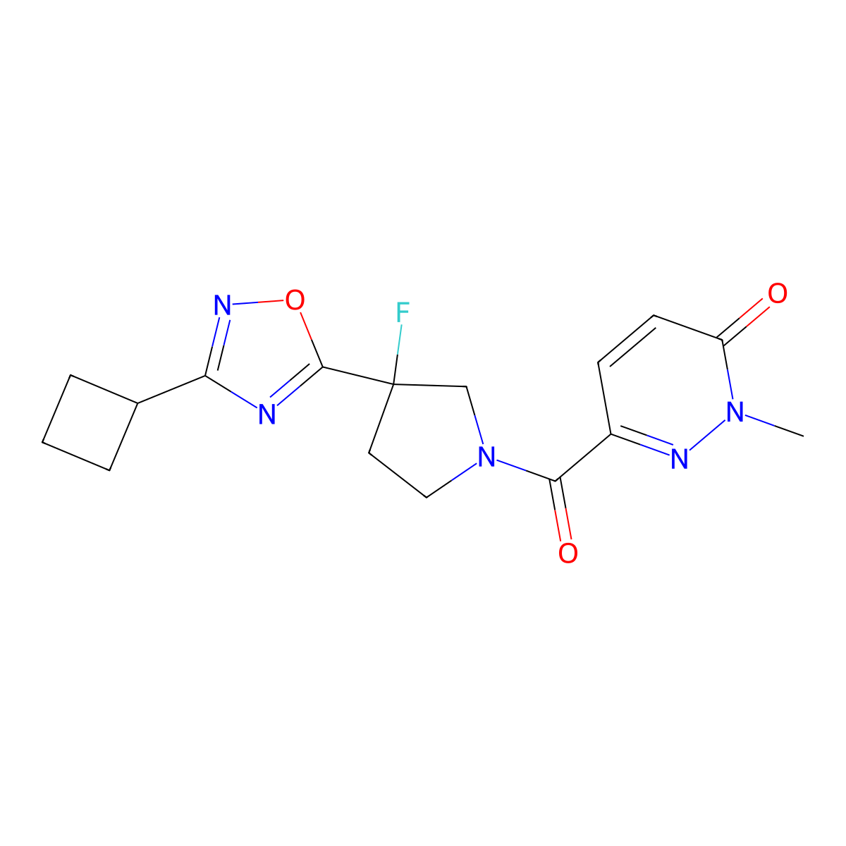 6-[3-(3-Cyclobutyl-1,2,4-oxadiazol-5-yl)-3-fluoropyrrolidine-1-carbonyl]-2-methyl-2,3-dihydropyridazin-3-one molecular structure, CAS 3054413-65-6