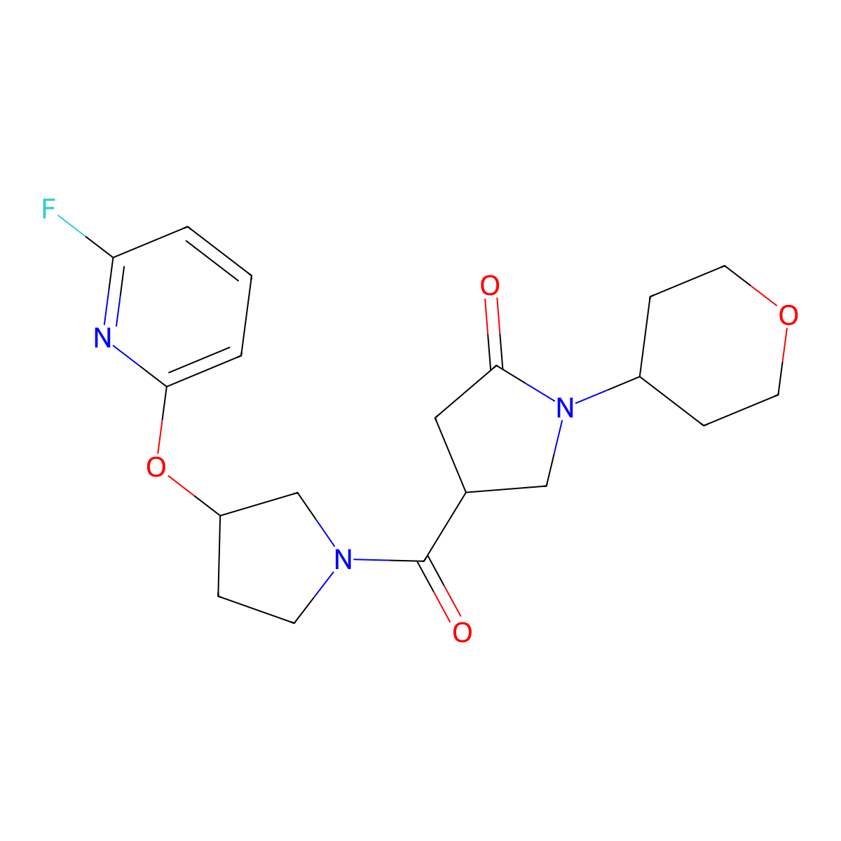 4-{3-[(6-Fluoropyridin-2-yl)oxy]pyrrolidine-1-carbonyl}-1-(oxan-4-yl)pyrrolidin-2-one molecular structure, CAS 3054413-67-8