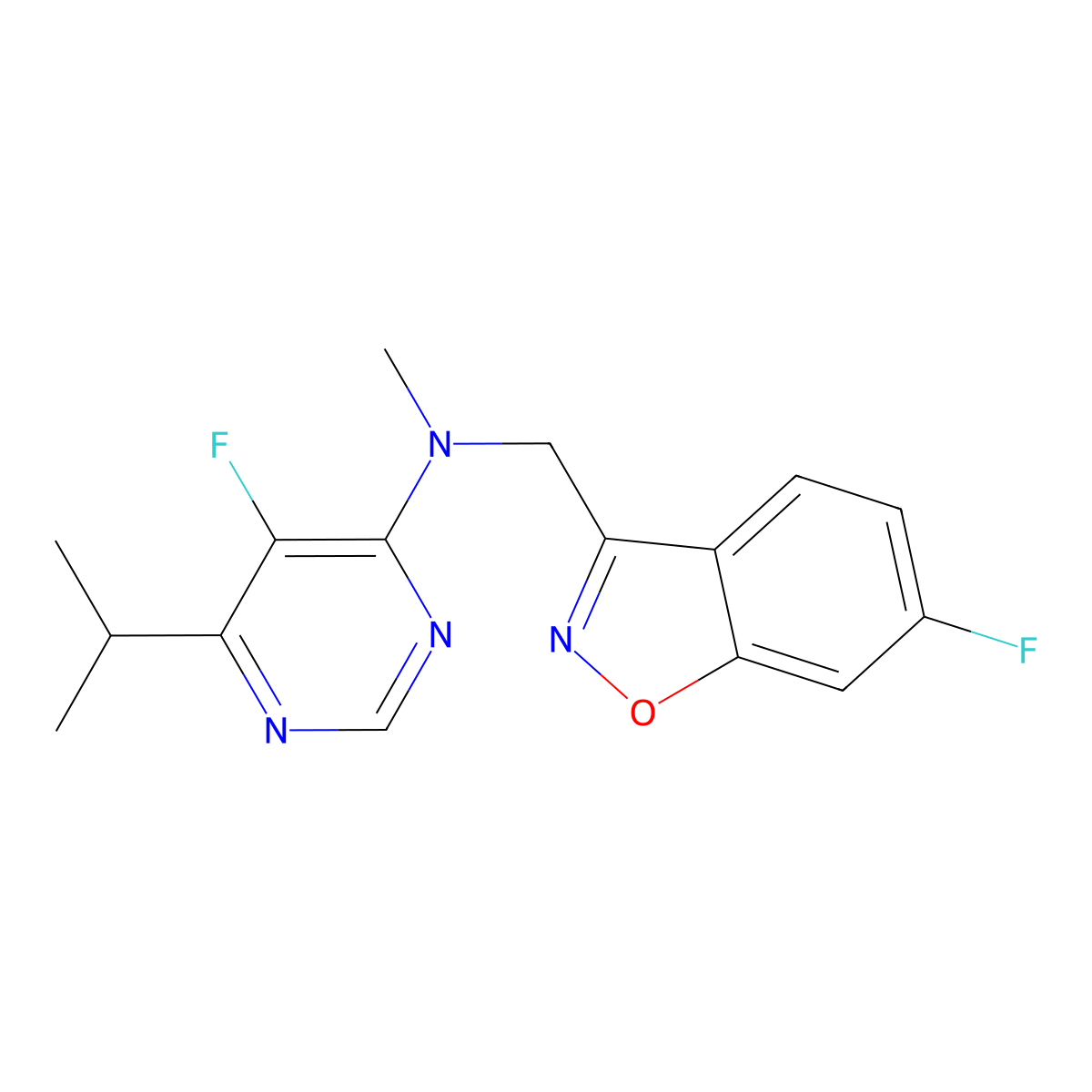 5-fluoro-N-[(6-fluoro-1,2-benzoxazol-3-yl)methyl]-N-methyl-6-(propan-2-yl)pyrimidin-4-amine molecular structure, CAS 3054413-68-9