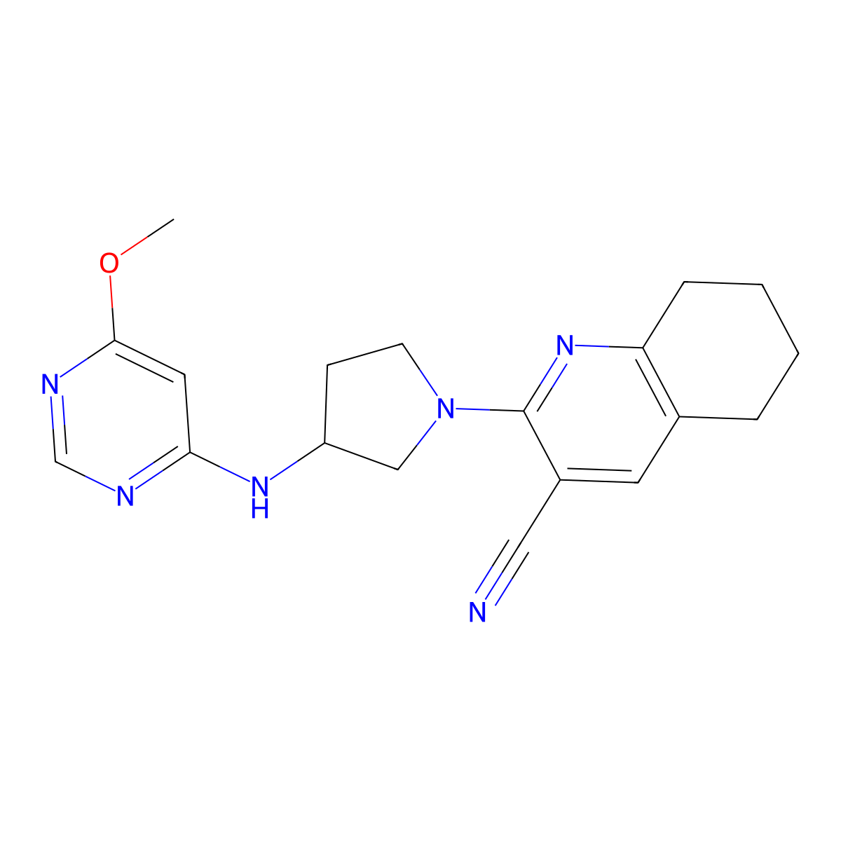 2-{3-[(6-Methoxypyrimidin-4-yl)amino]pyrrolidin-1-yl}-5,6,7,8-tetrahydroquinoline-3-carbonitrile molecular structure, CAS 3054413-73-6