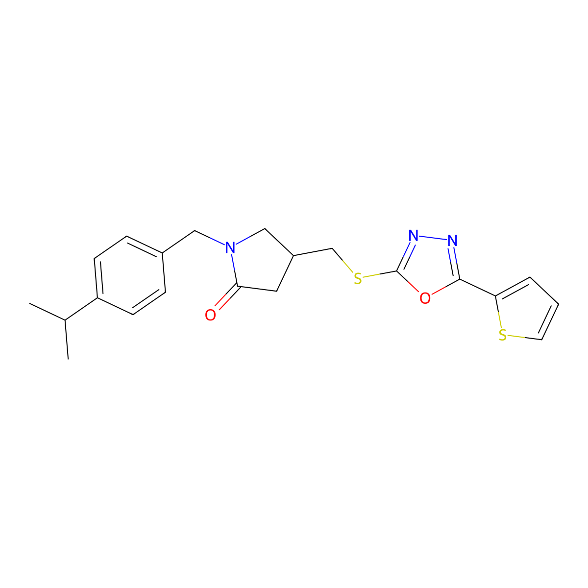 1-{[4-(Propan-2-yl)phenyl]methyl}-4-({[5-(thiophen-2-yl)-1,3,4-oxadiazol-2-yl]sulfanyl}methyl)pyrrolidin-2-one molecular structure, CAS 3054413-79-2