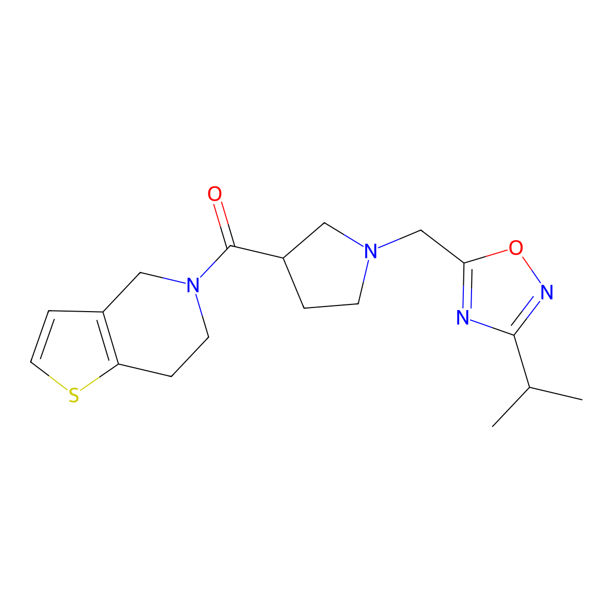 3-(propan-2-yl)-5-[(3-{4H,5H,6H,7H-thieno[3,2-c]pyridine-5-carbonyl}pyrrolidin-1-yl)methyl]-1,2,4-oxadiazole molecular structure, CAS 3054413-81-6