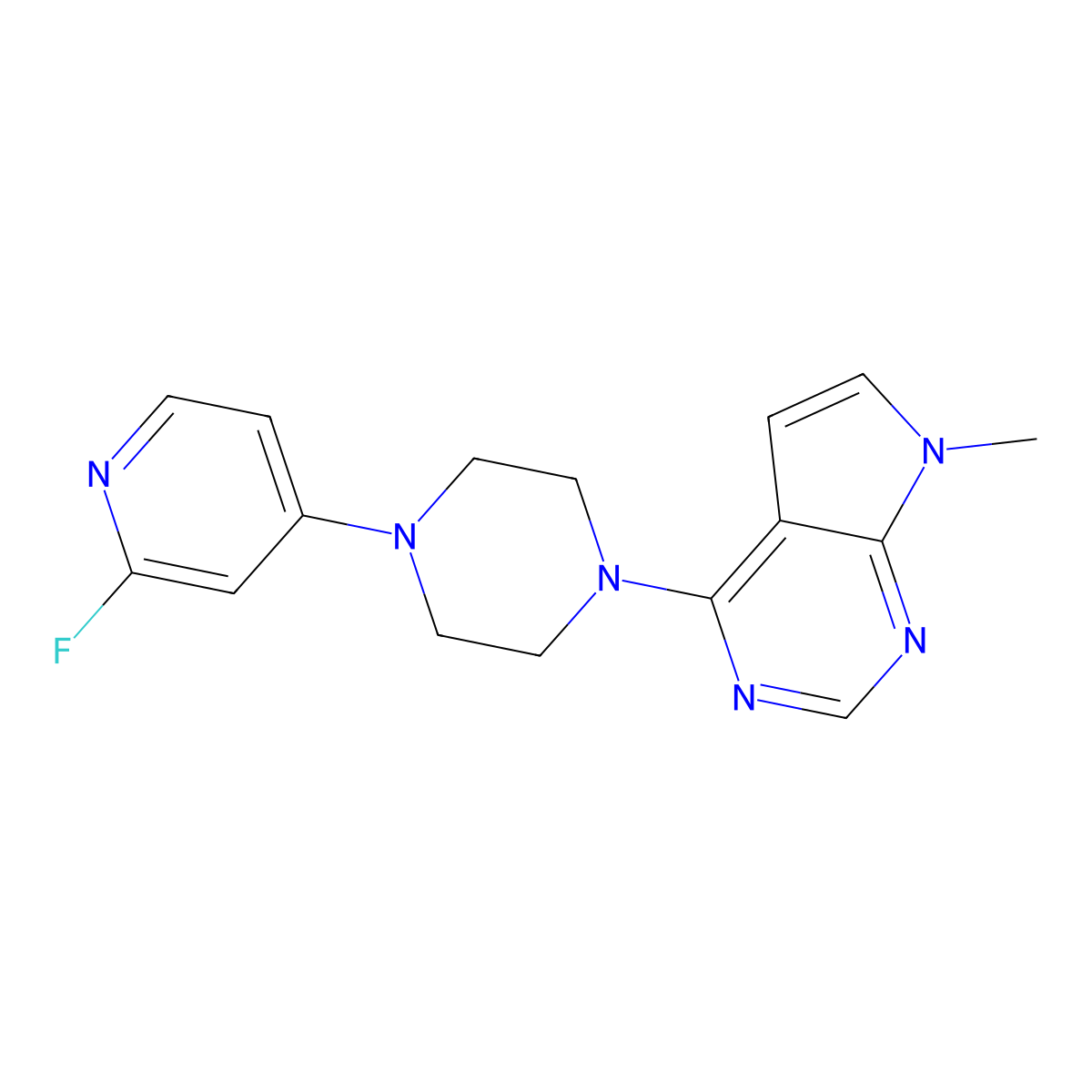 1-(2-fluoropyridin-4-yl)-4-{7-methyl-7H-pyrrolo[2,3-d]pyrimidin-4-yl}piperazine molecular structure, CAS 3054413-83-8
