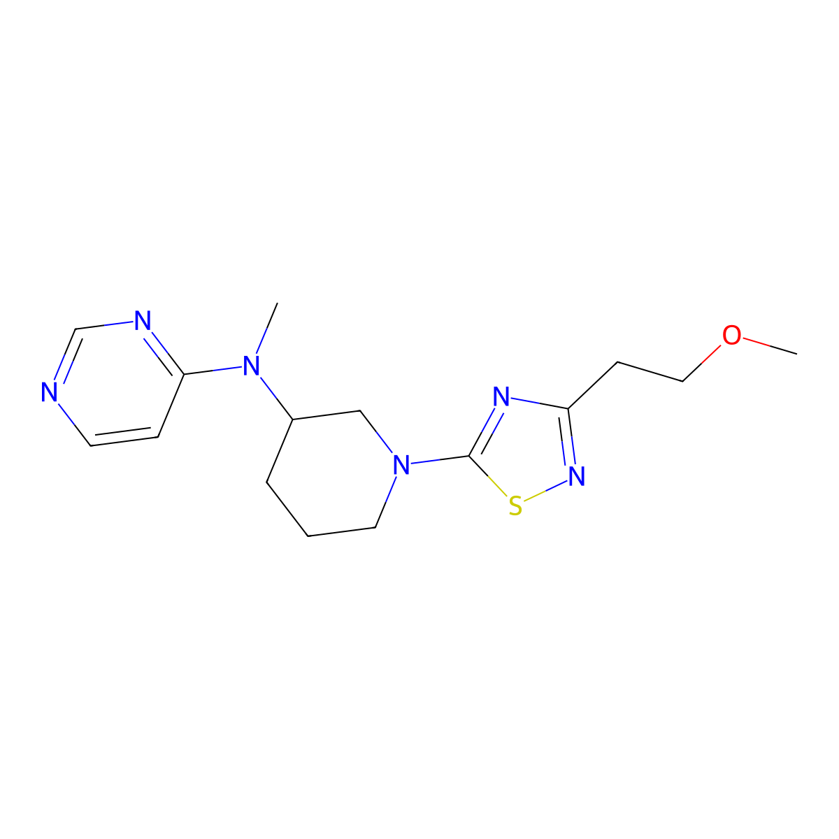 N-{1-[3-(2-methoxyethyl)-1,2,4-thiadiazol-5-yl]piperidin-3-yl}-N-methylpyrimidin-4-amine molecular structure, CAS 3054413-85-0