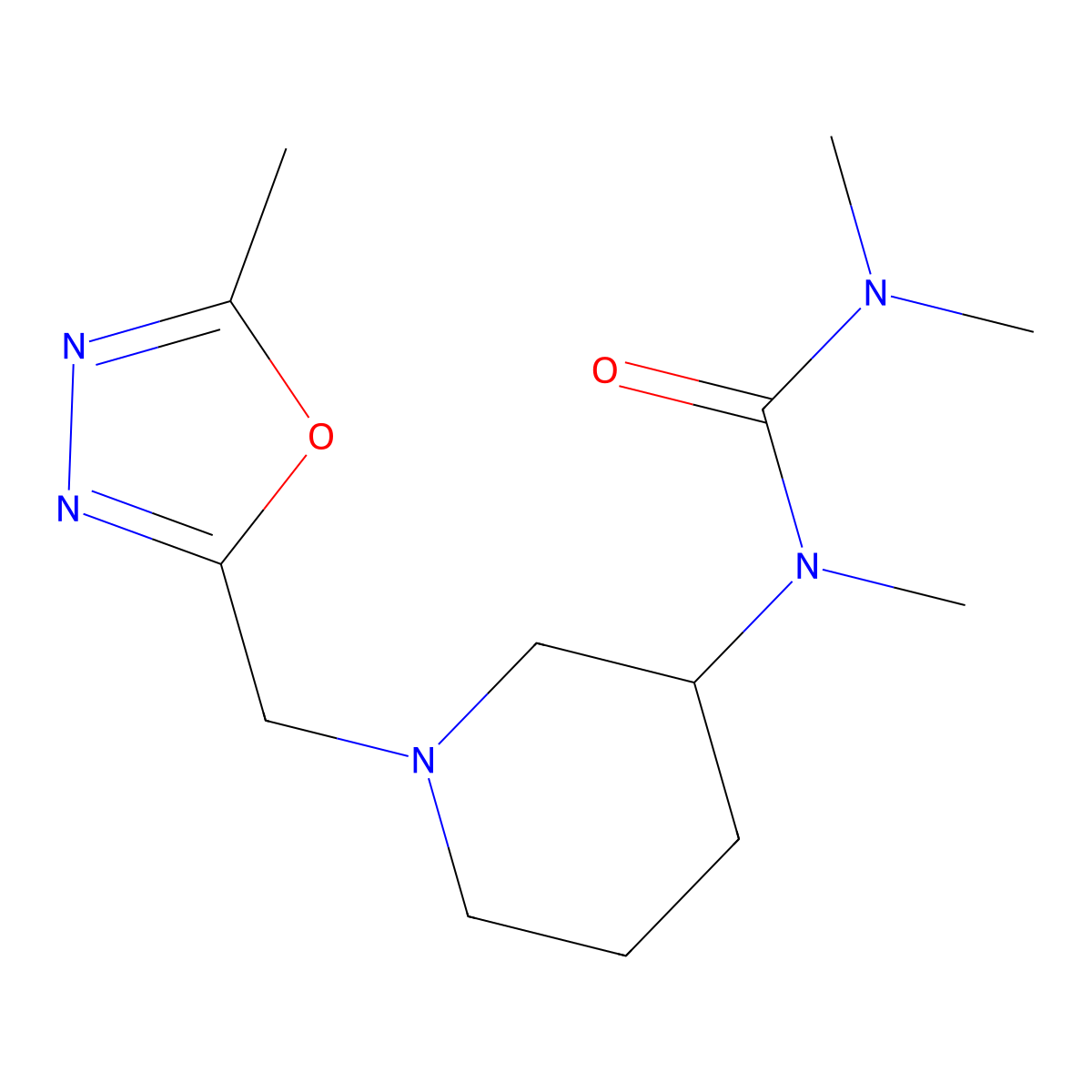 1,3,3-Trimethyl-1-{1-[(5-methyl-1,3,4-oxadiazol-2-yl)methyl]piperidin-3-yl}urea molecular structure, CAS 3054414-00-2