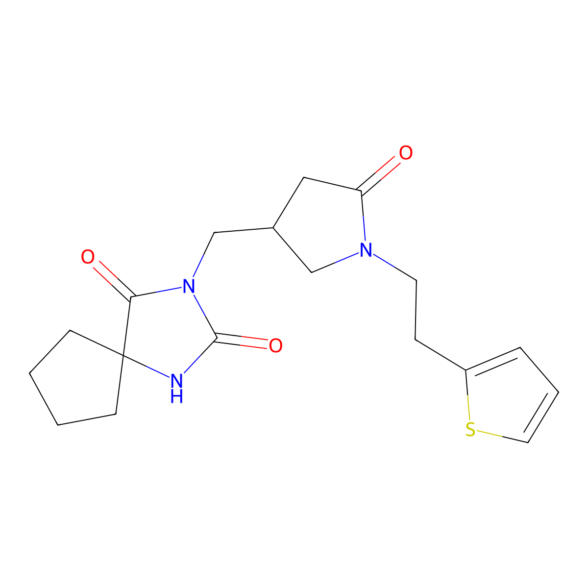 3-({5-Oxo-1-[2-(thiophen-2-yl)ethyl]pyrrolidin-3-yl}methyl)-1,3-diazaspiro[4.4]nonane-2,4-dione molecular structure, CAS 3054414-04-6
