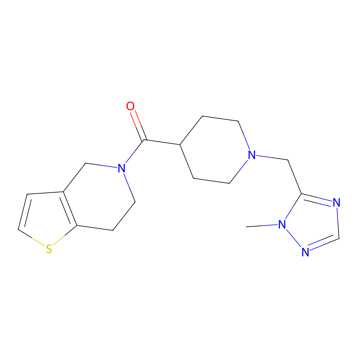 1-[(1-methyl-1H-1,2,4-triazol-5-yl)methyl]-4-{4H,5H,6H,7H-thieno[3,2-c]pyridine-5-carbonyl}piperidine molecular structure, CAS 3054414-11-5