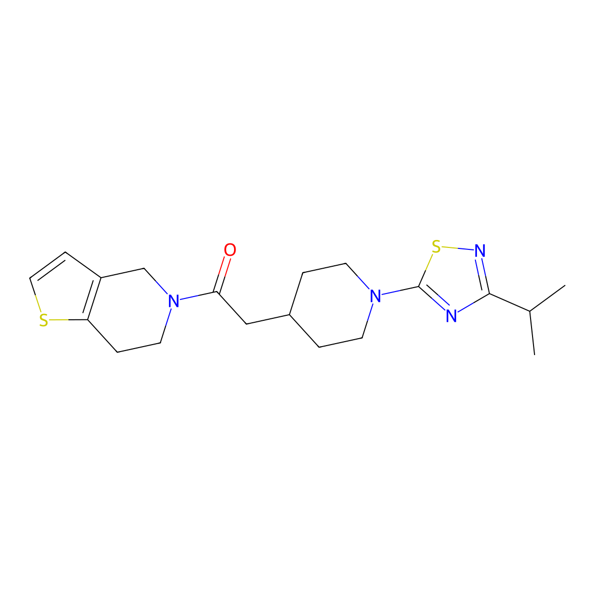 2-{1-[3-(propan-2-yl)-1,2,4-thiadiazol-5-yl]piperidin-4-yl}-1-{4H,5H,6H,7H-thieno[3,2-c]pyridin-5-yl}ethan-1-one molecular structure, CAS 3054414-16-0