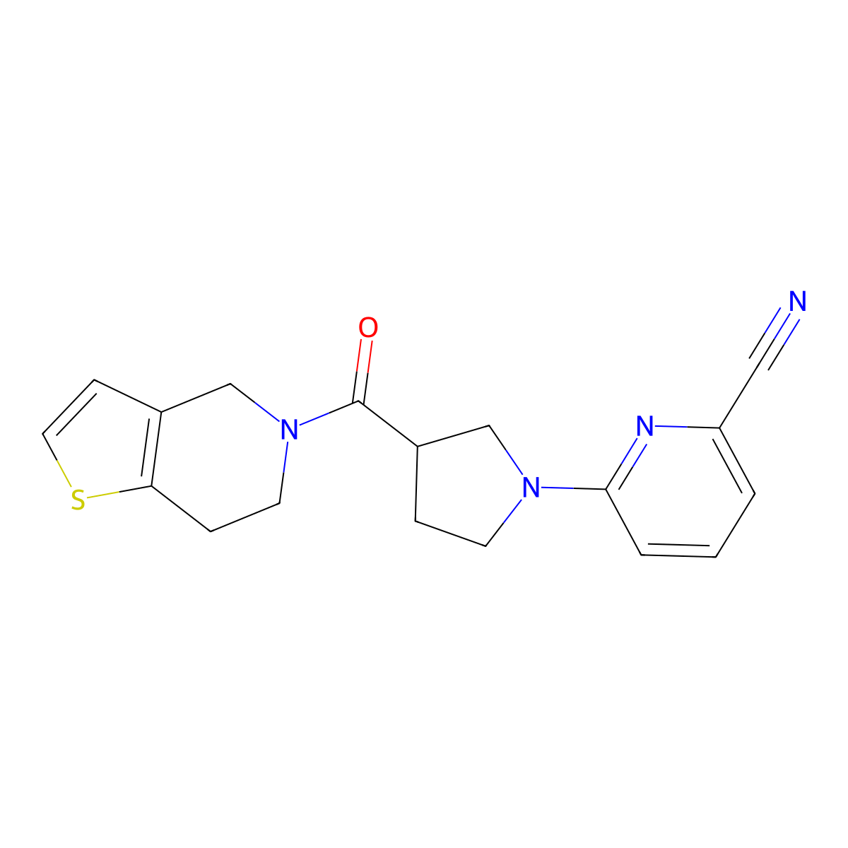 6-(3-{4H,5H,6H,7H-thieno[3,2-c]pyridine-5-carbonyl}pyrrolidin-1-yl)pyridine-2-carbonitrile molecular structure, CAS 3054414-20-6